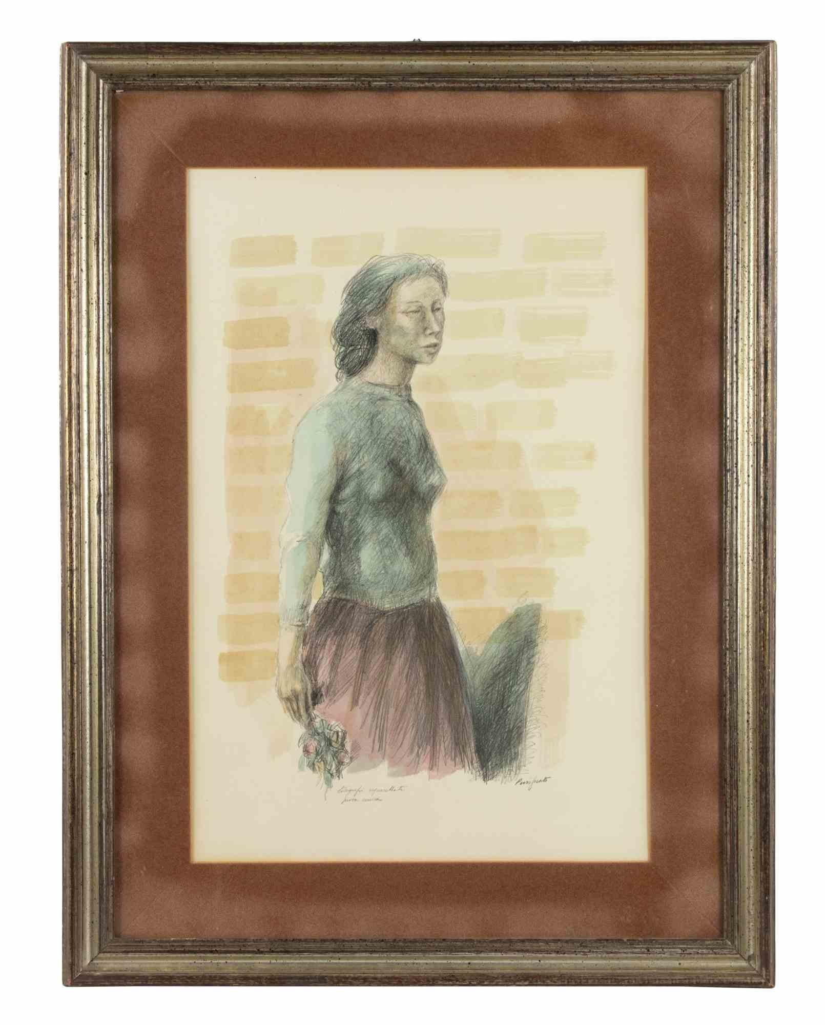 Frauenfigur – Lithographie von Domenico Purificato – 1970er Jahre im Angebot 1