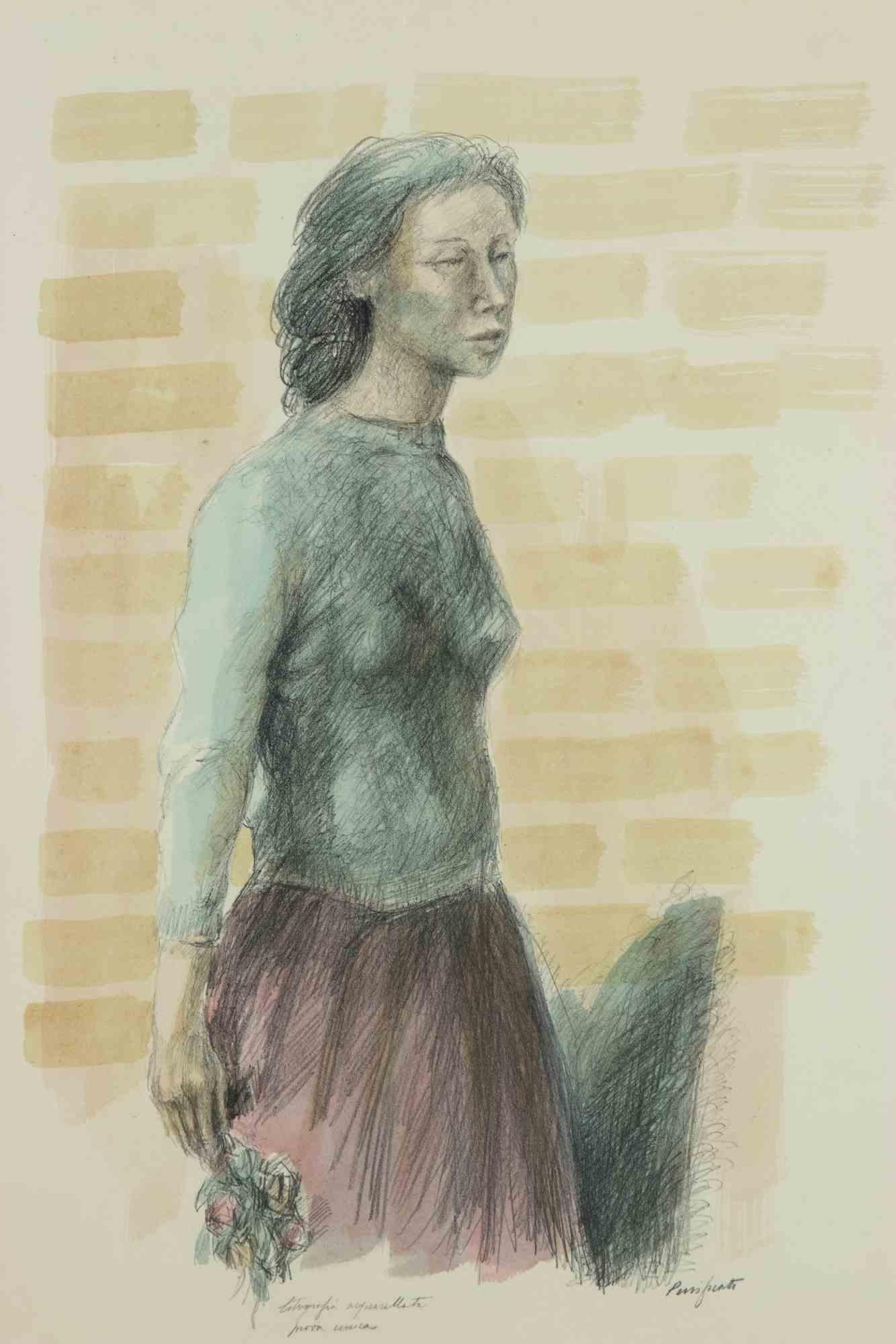 Die weibliche Figur ist ein originelles modernes Kunstwerk von Domenico Purificato.

Von Hand aquarellierte Monotypie-Lithografie.

Vom Künstler handsigniert. Einzigartiges Exemplar.

Inklusive Rahmen: 84,5 x 63,5 cm