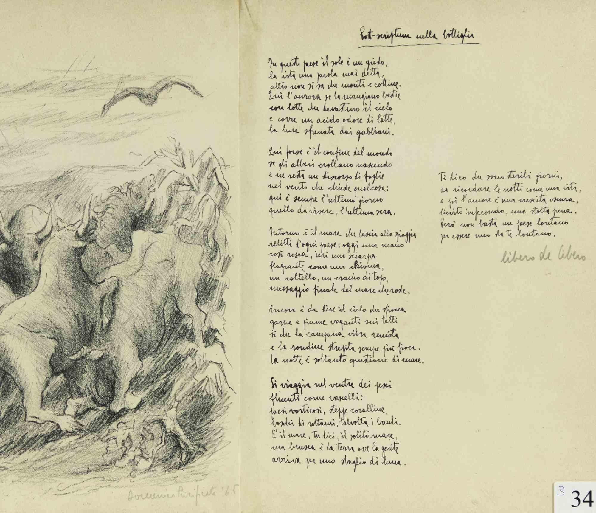 Post Scriptum - Lithographie originale de D. Purificato - 1945 - Print de Domenico Purificato
