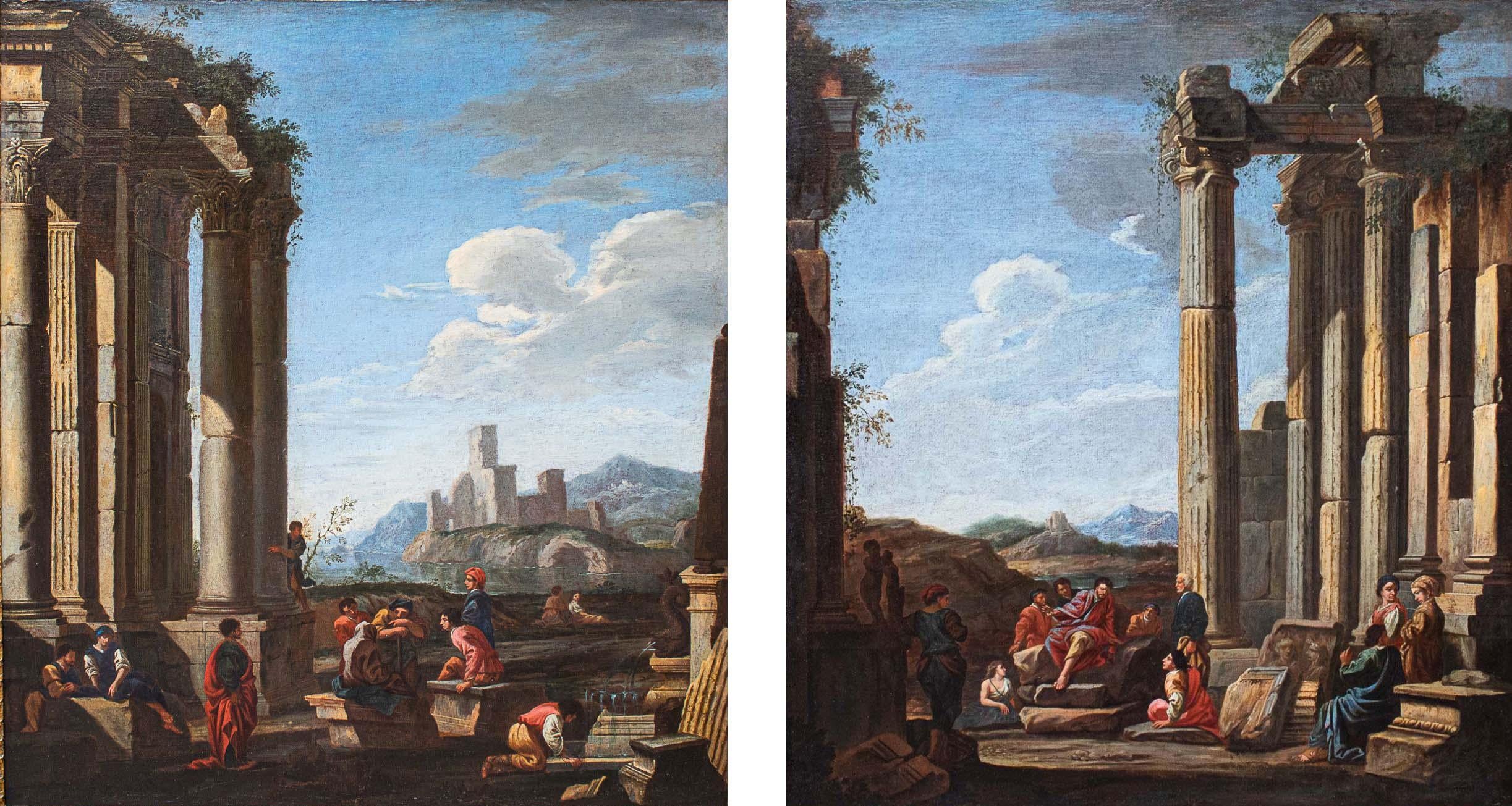 Domenico Roberti (Rome, 1642 - there, 1707)
Pair of whims with classical ruins and landscape view
(2) Oil on canvas, 102.5 x 89 cm - with frame 112 x 97.5 x 4.3 cm
Expertise Prof. Sestieri

The fascination of the antique is revealed in the