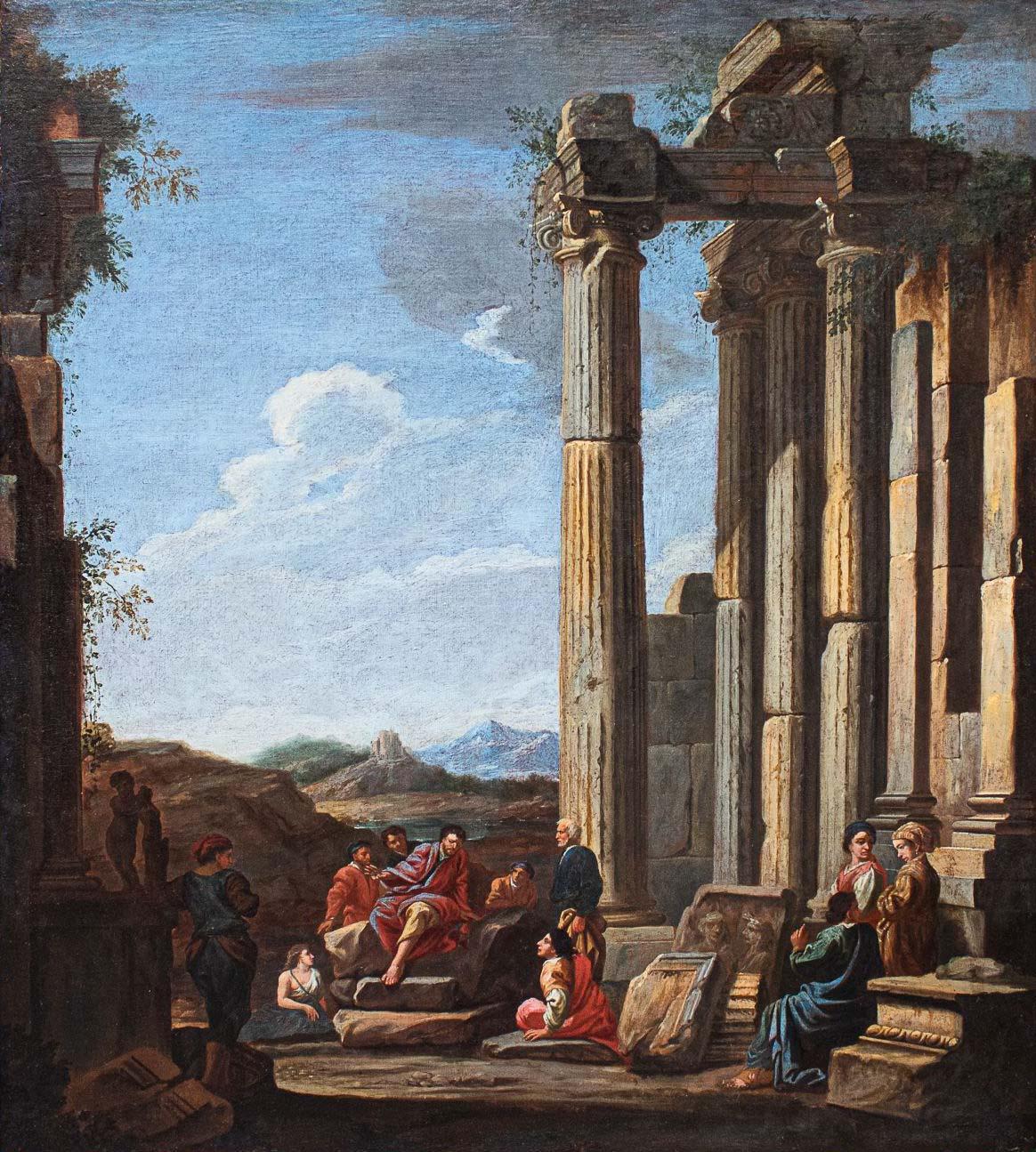 18th Century and Earlier Domenico Roberti '1642-1707' Whims with Classical Ruins Paintings Oil on Canvas 