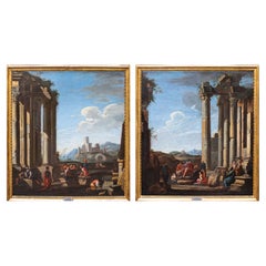 Antique Domenico Roberti '1642-1707' Whims with Classical Ruins Paintings Oil on Canvas 