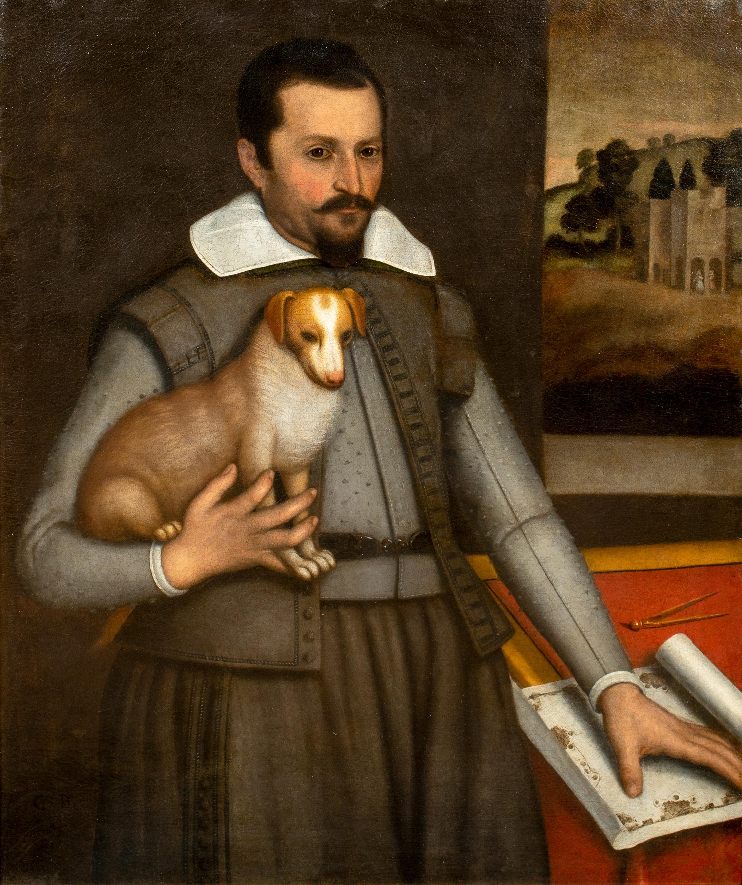 Ritratto di architetto e cane, XVI secolo - Portrait Painting Marrone di Domenico Tintoretto