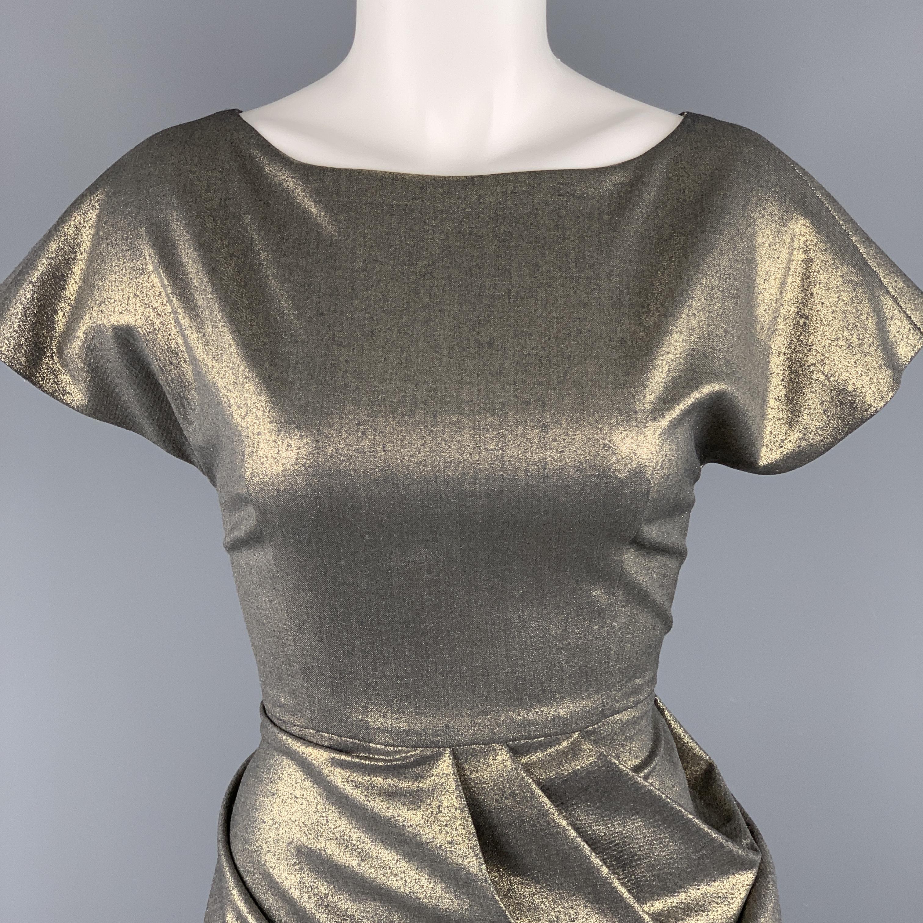 DOMENICO VACCA dress comes in metallic gold coated fabric with a boat neck, cap sleeves, asymmetrical side pleat gathered skirt, and v cut back. 

Excellent Pre-Owned Condition.
Marked: EU 40

Measurements:

Bust: 32 in. in.
Waist: 26 in.
Hip: 34