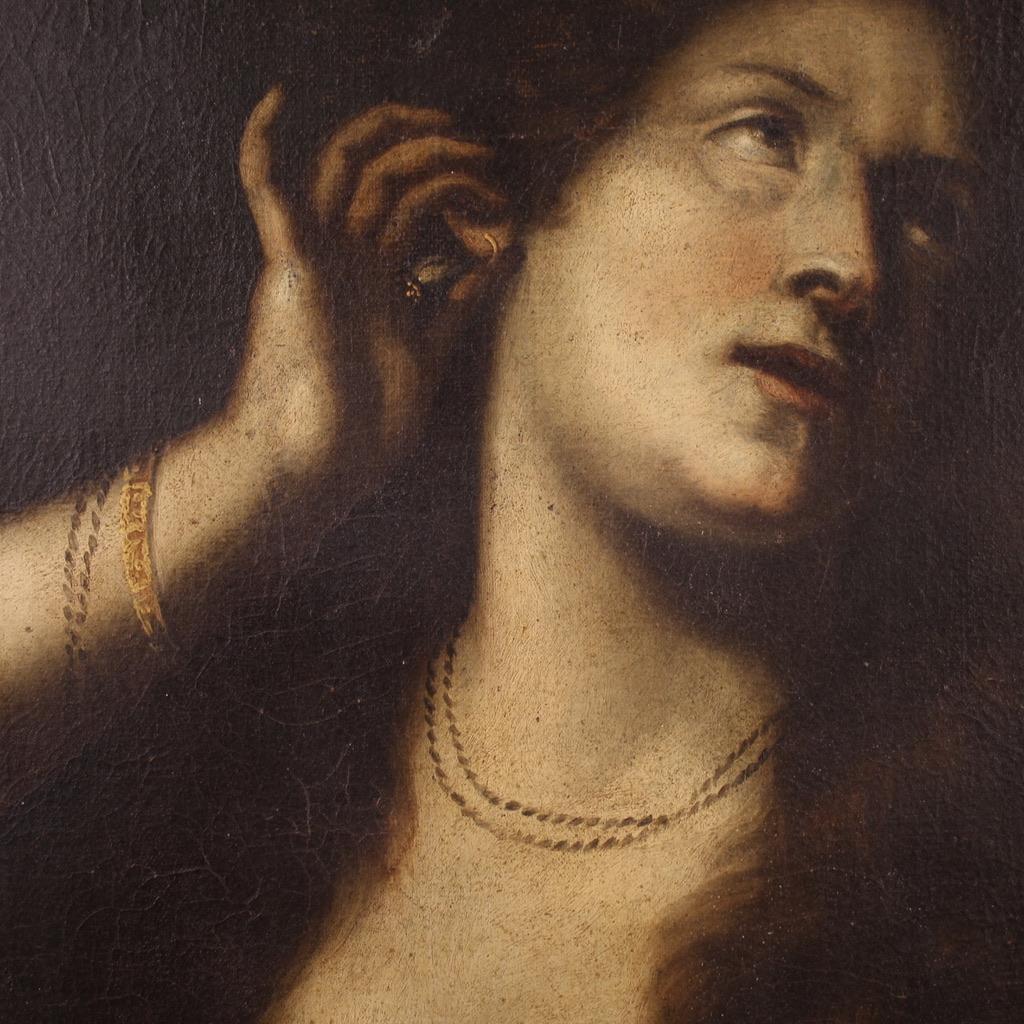 17th Century Italian Oil on Canvas Painting Magdalene Renouncing the Vanities in vendita 9