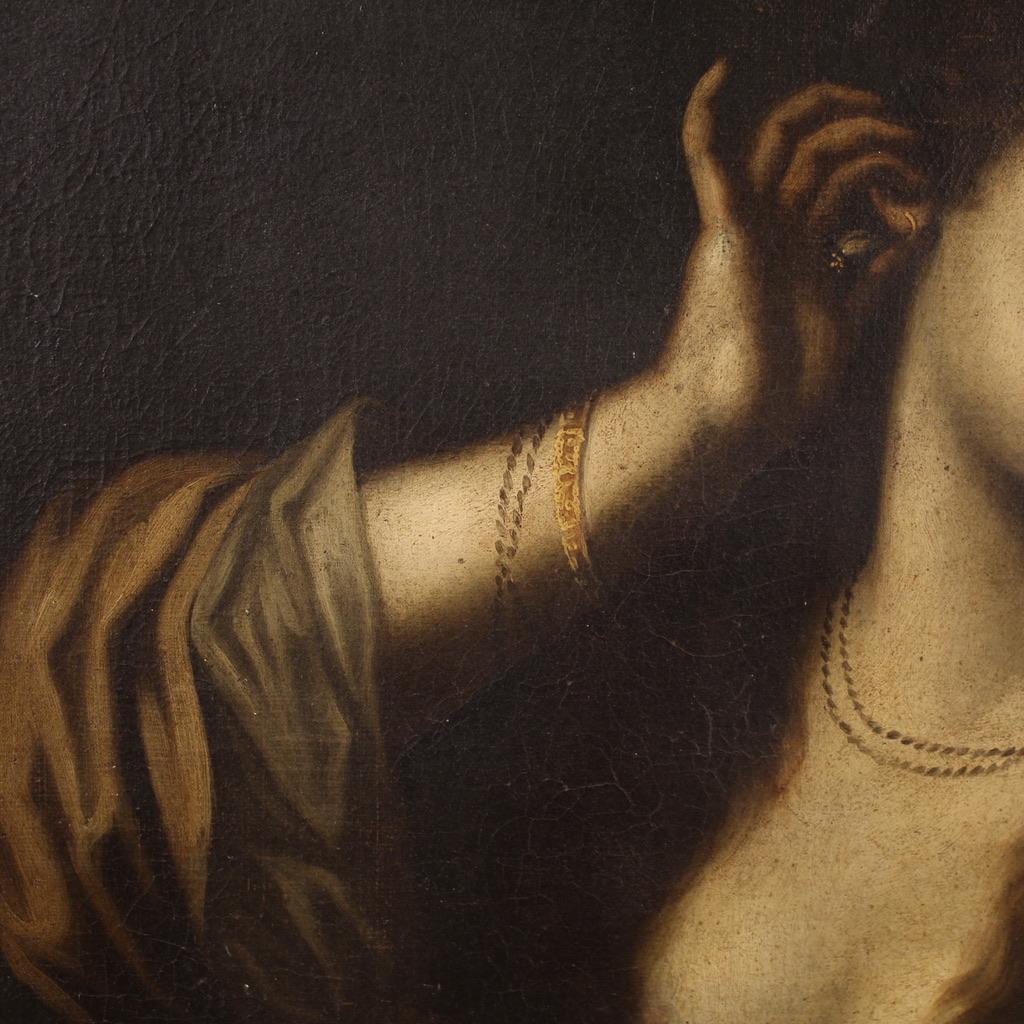 17th Century Italian Oil on Canvas Painting Magdalene Renouncing the Vanities in vendita 12