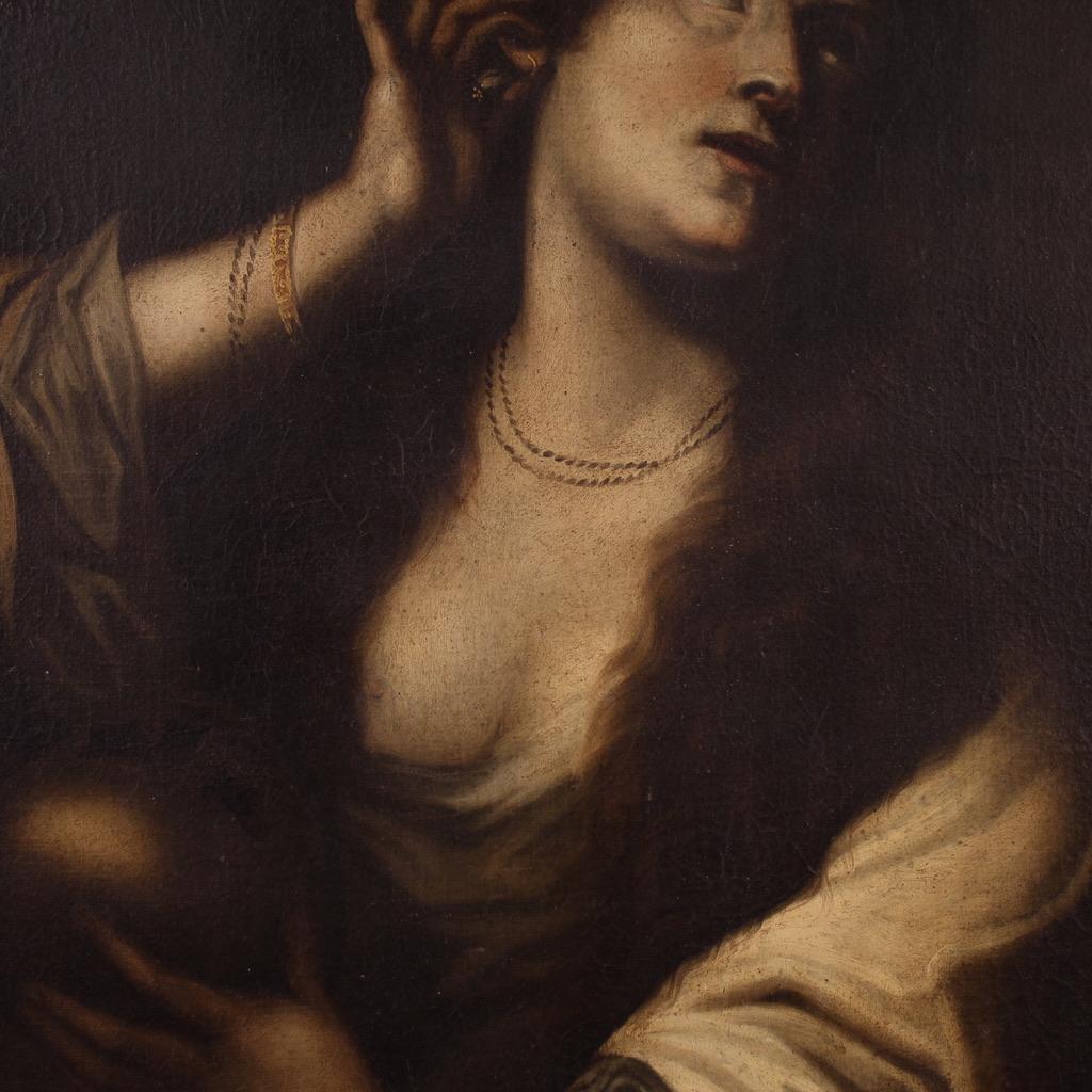 17th Century Italian Oil on Canvas Painting Magdalene Renouncing the Vanities in vendita 3