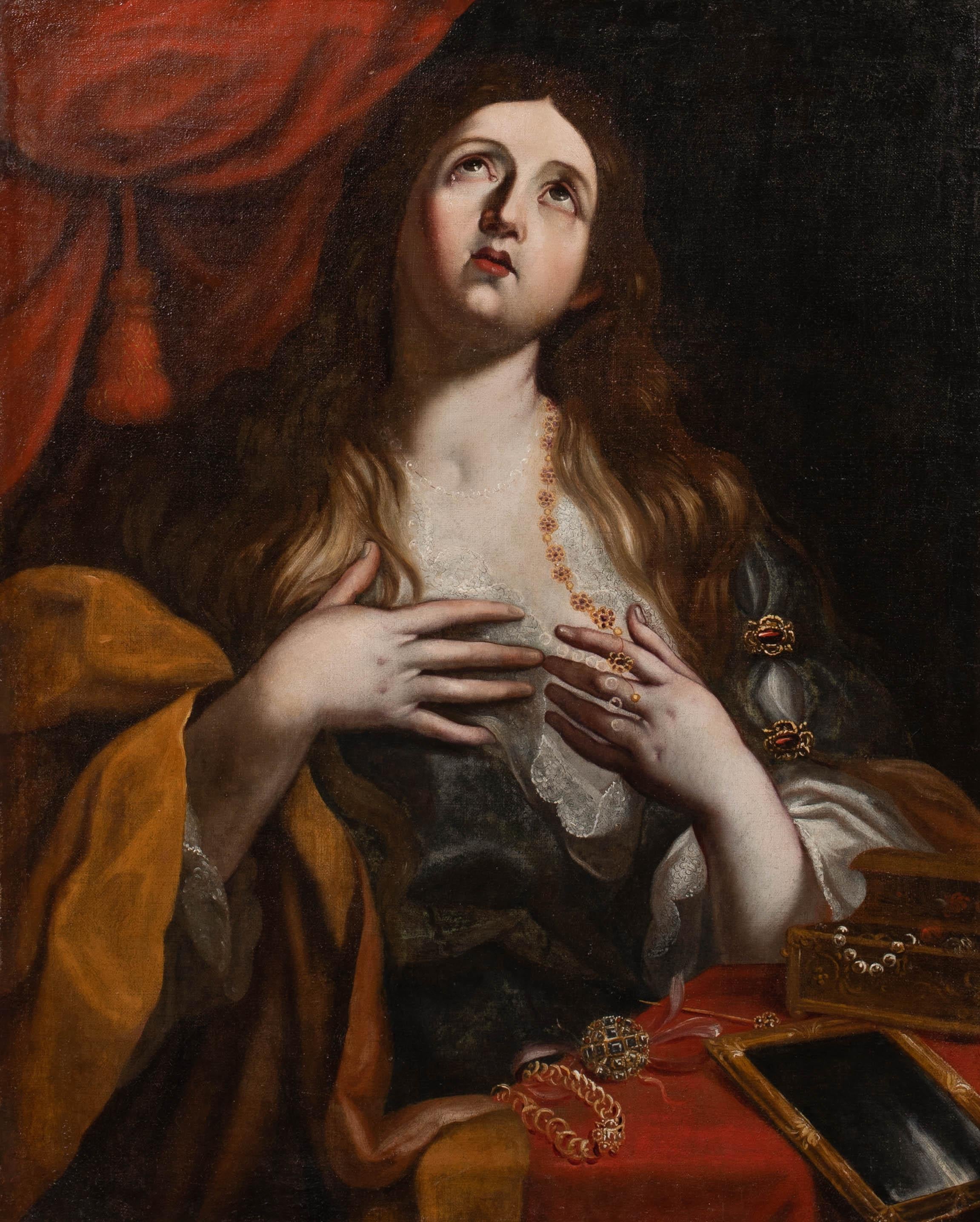 The Conversion Of Mary Magdalene, 17th Century

Studio Of Il Domenichino (1581-1641)

Large 17th century Italian Old Master depiction of the Conversion of Mary Magdalene, oil on canvas. Circa 1630 intimate toilette scene, in which a magnificently