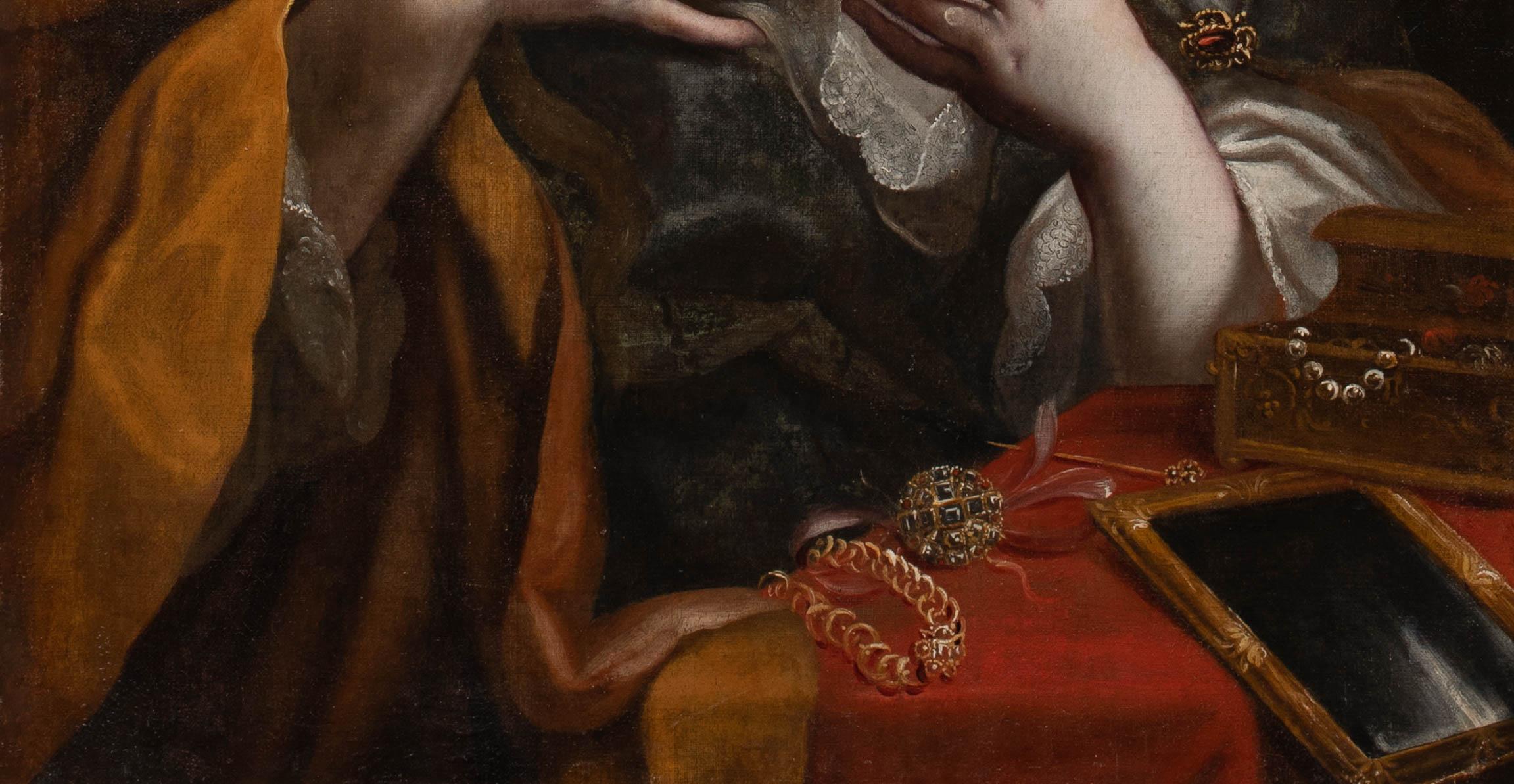 La conversione di Maria Maddalena, XVII secolo

Studio A del Domenichino (1581-1641)

Grande raffigurazione del XVII secolo dell'Antico Maestro italiano della Conversione di Maria Maddalena, olio su tela. Scena di toilette intima del 1630 circa, in