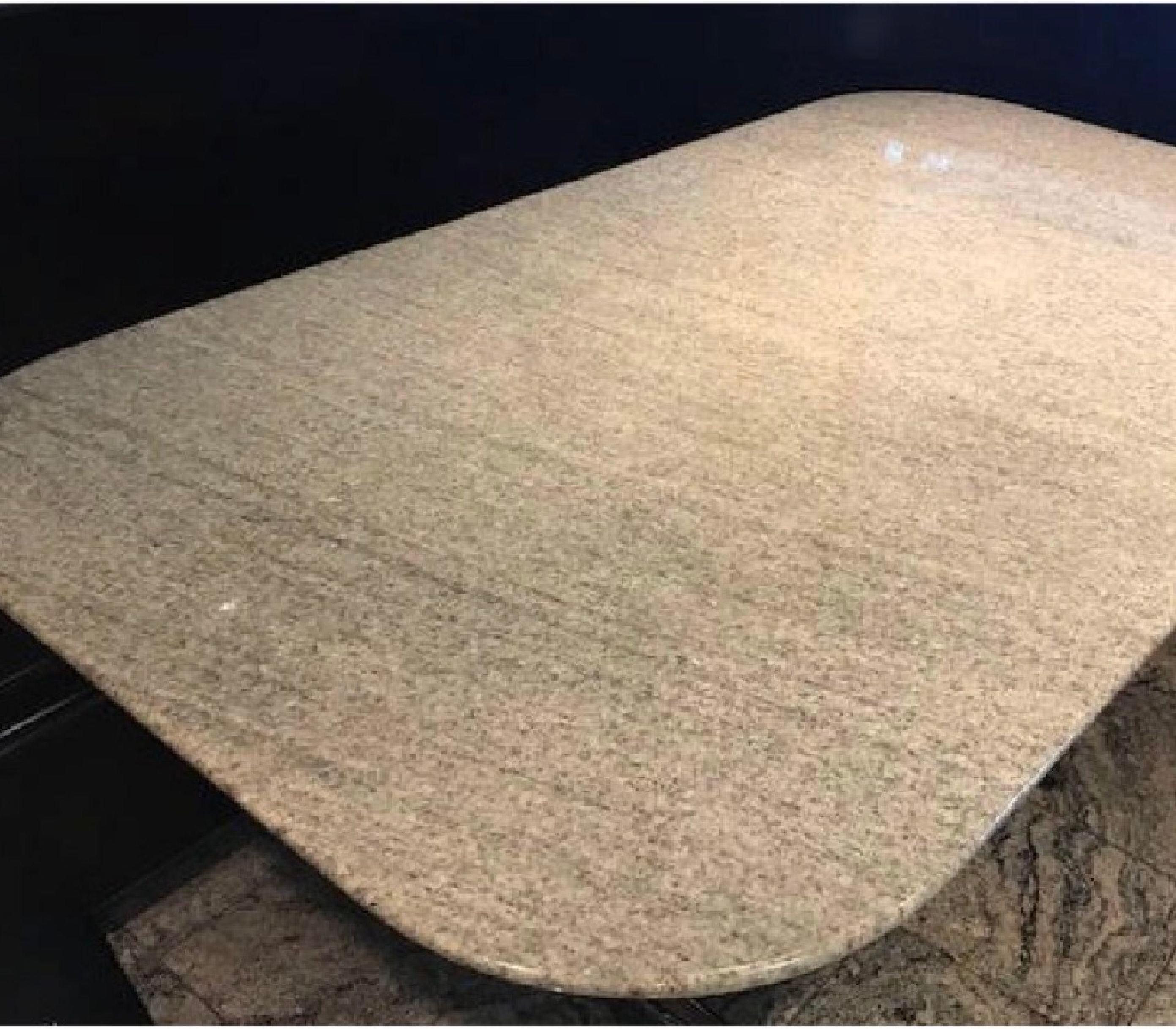 Gorgeous custom ordered table, with granite slab top from Dometec. Nearly Mint condition. From a Park Avenue estate. Don't miss this deal! Love the retro rounded corners and highly burnished surface.  Hihg quality stone has massive amount of mica