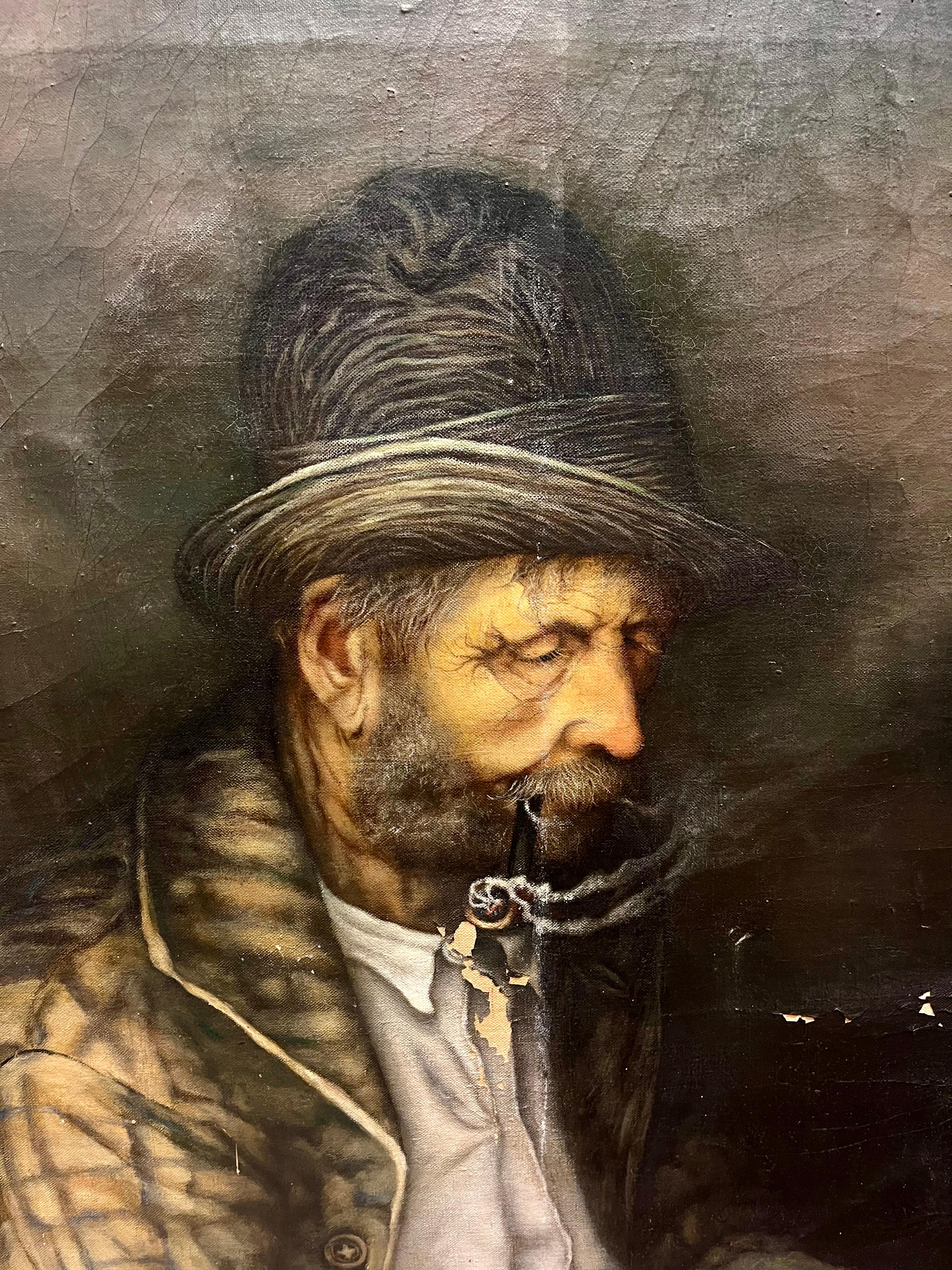 Weaving a chair while smoking a pipe - Painting by Dometer Guczul