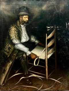 Weaving a chair while smoking a pipe