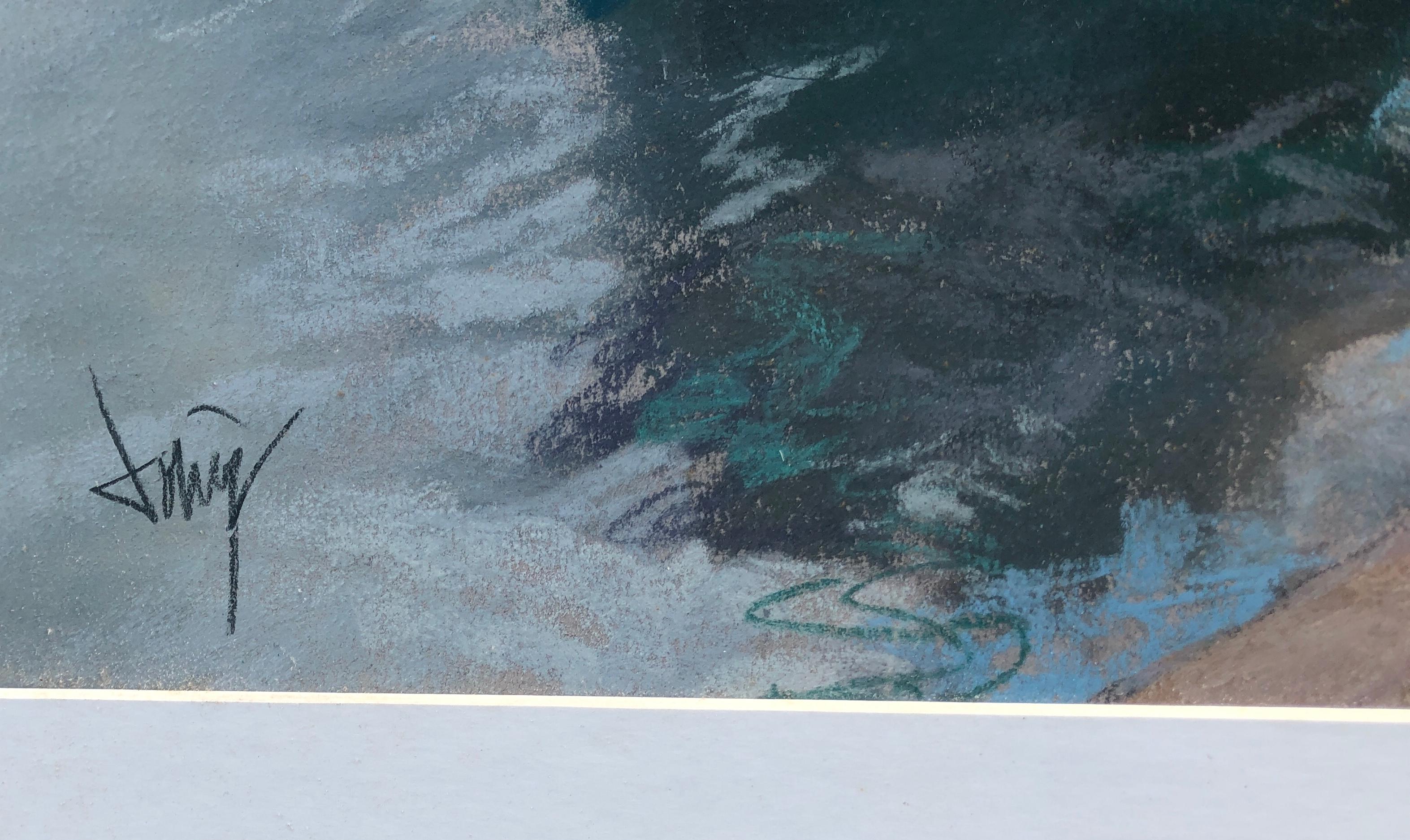 Pescador volviendo a puerto Pastel sobre papel - Figurative Painting Gris de Domingo Alvarez Gomez