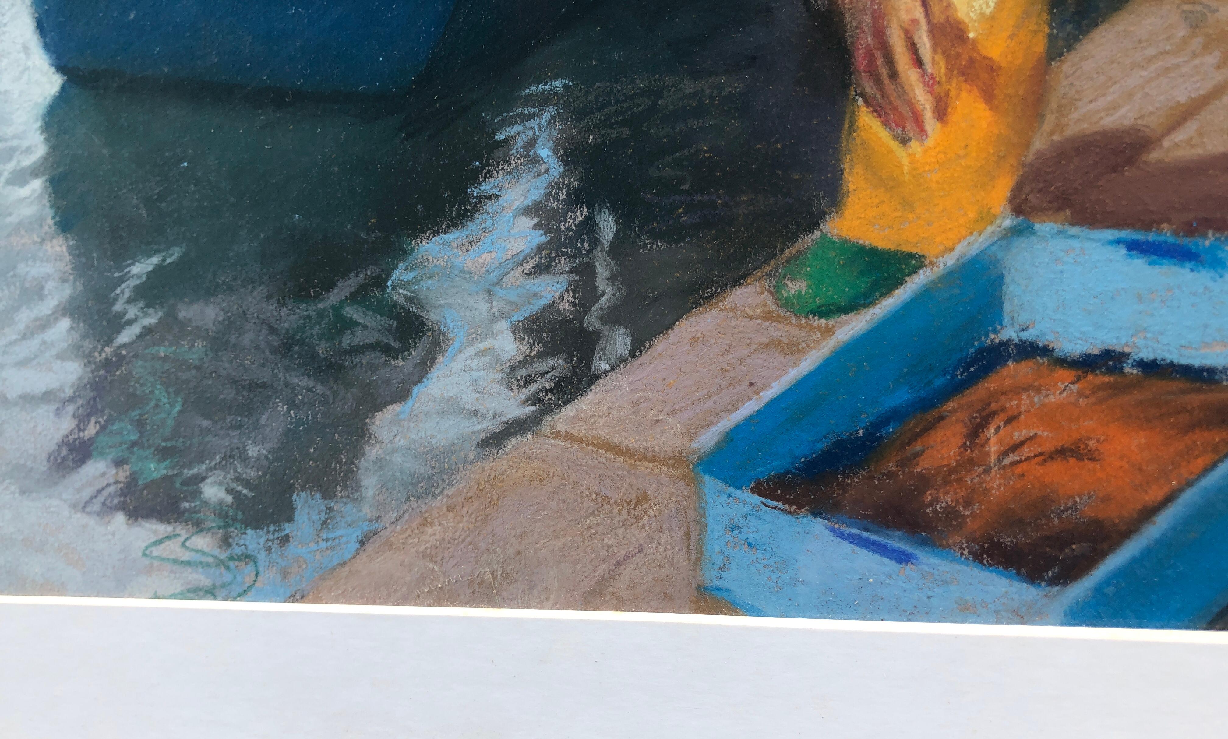 Título: Pescador regresando a puerto
Artista: Domingo Álvarez Gómez
Técnica: Pastel sobre papel
Dimensiones: 13 x 16 pulg. (sin enmarcar)
Año: c. 2000
Estado de conservación: Buena conservación
Descripción:
Esta obra de arte representa una escena