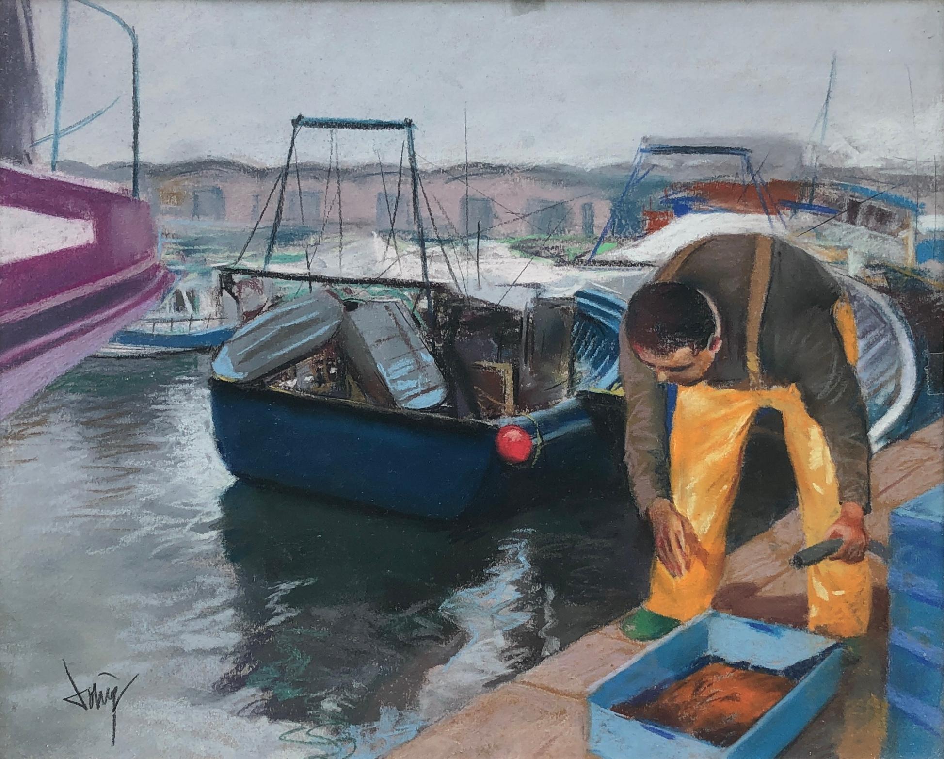 Pescador volviendo a puerto Pastel sobre papel