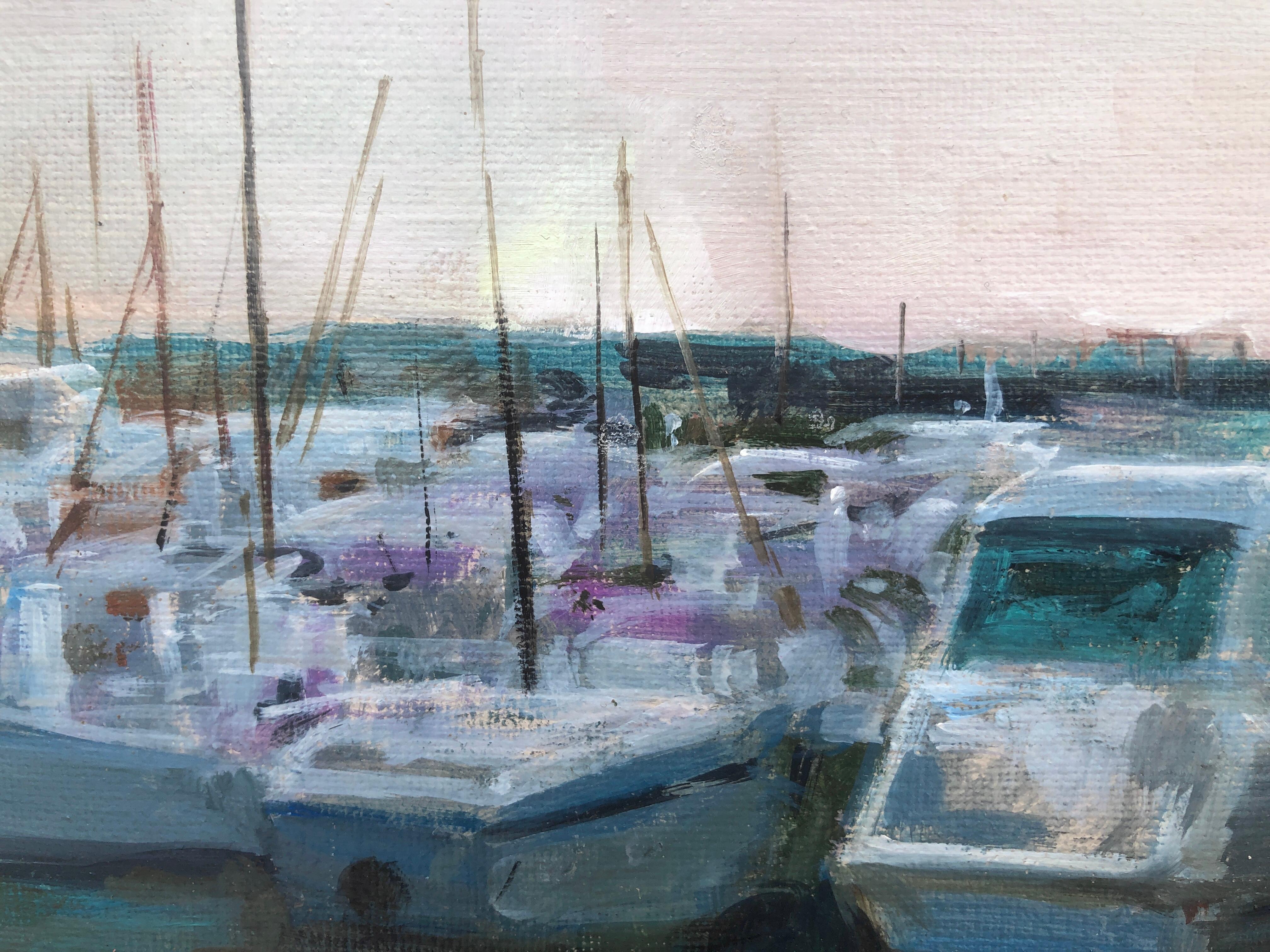 Maritime sports port Spain oil on canvas painting boats - Post-Impressionist Painting by Domingo Alvarez Gomez