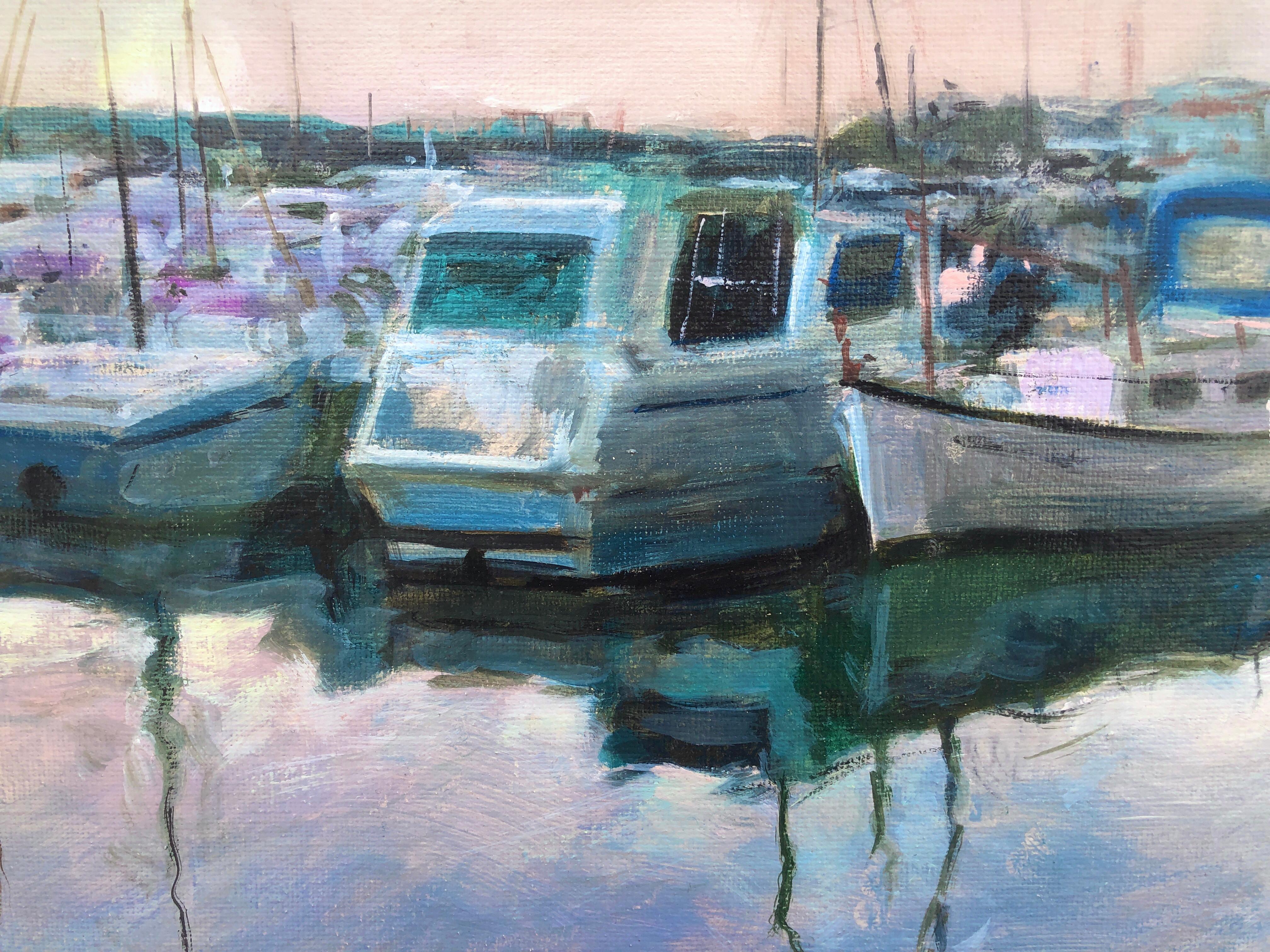 Maritime sports port Spain oil on canvas painting boats - Gray Landscape Painting by Domingo Alvarez Gomez