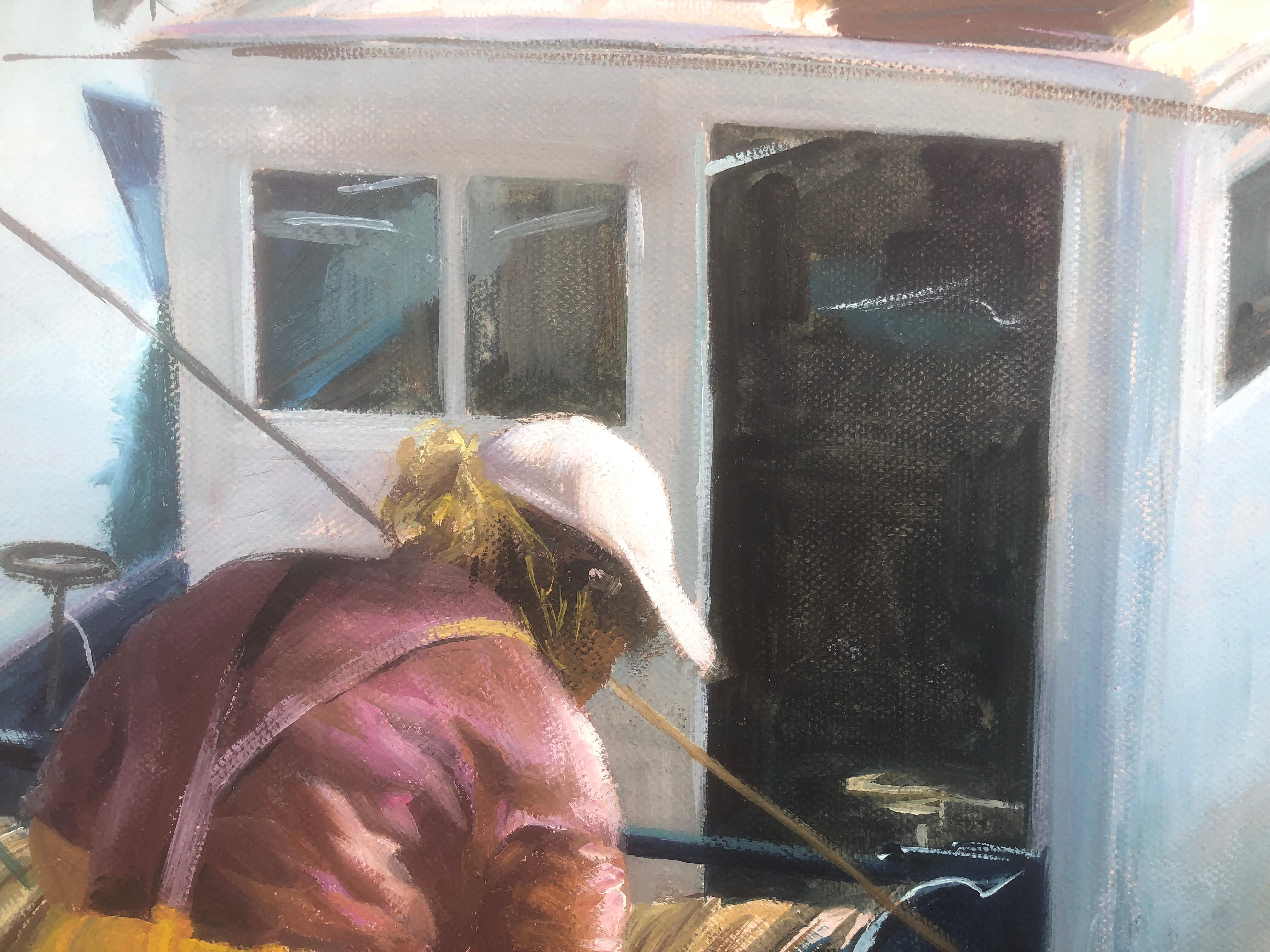 Sailor fisherman in his boat Spain oil on canvas painting seascape - Photorealist Painting by Domingo Alvarez Gomez