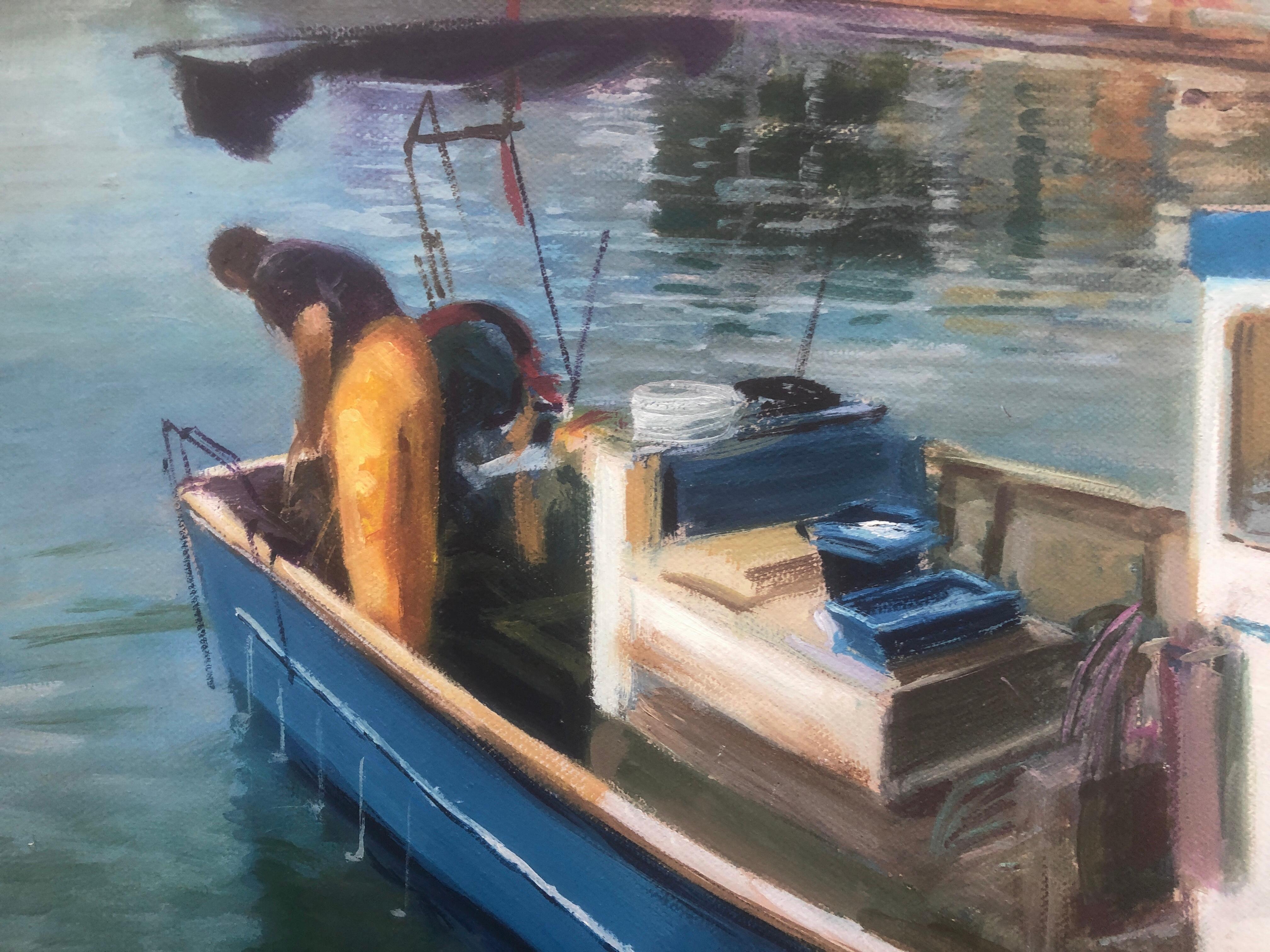 Sailor fisherman in his boat Spain oil on canvas painting seascape For Sale 1
