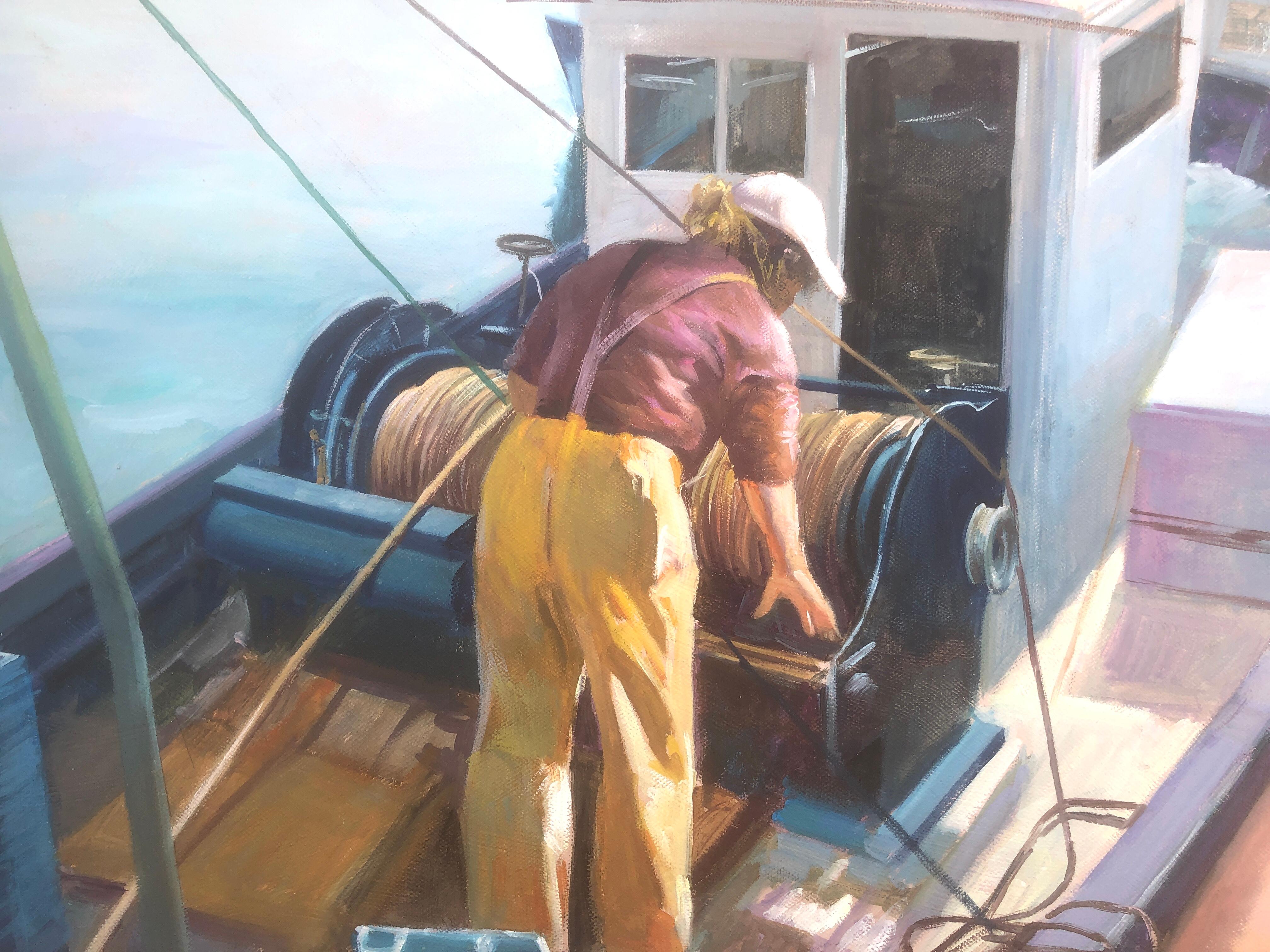 Sailor fisherman in his boat Spain oil on canvas painting seascape For Sale 2