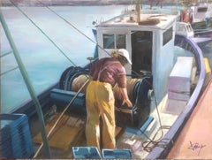 Marin pêcheur dans son bateau Espagne huile sur toile peinture paysage marin