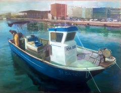 Marin pêcheur dans son bateau Espagne huile sur toile peinture paysage marin