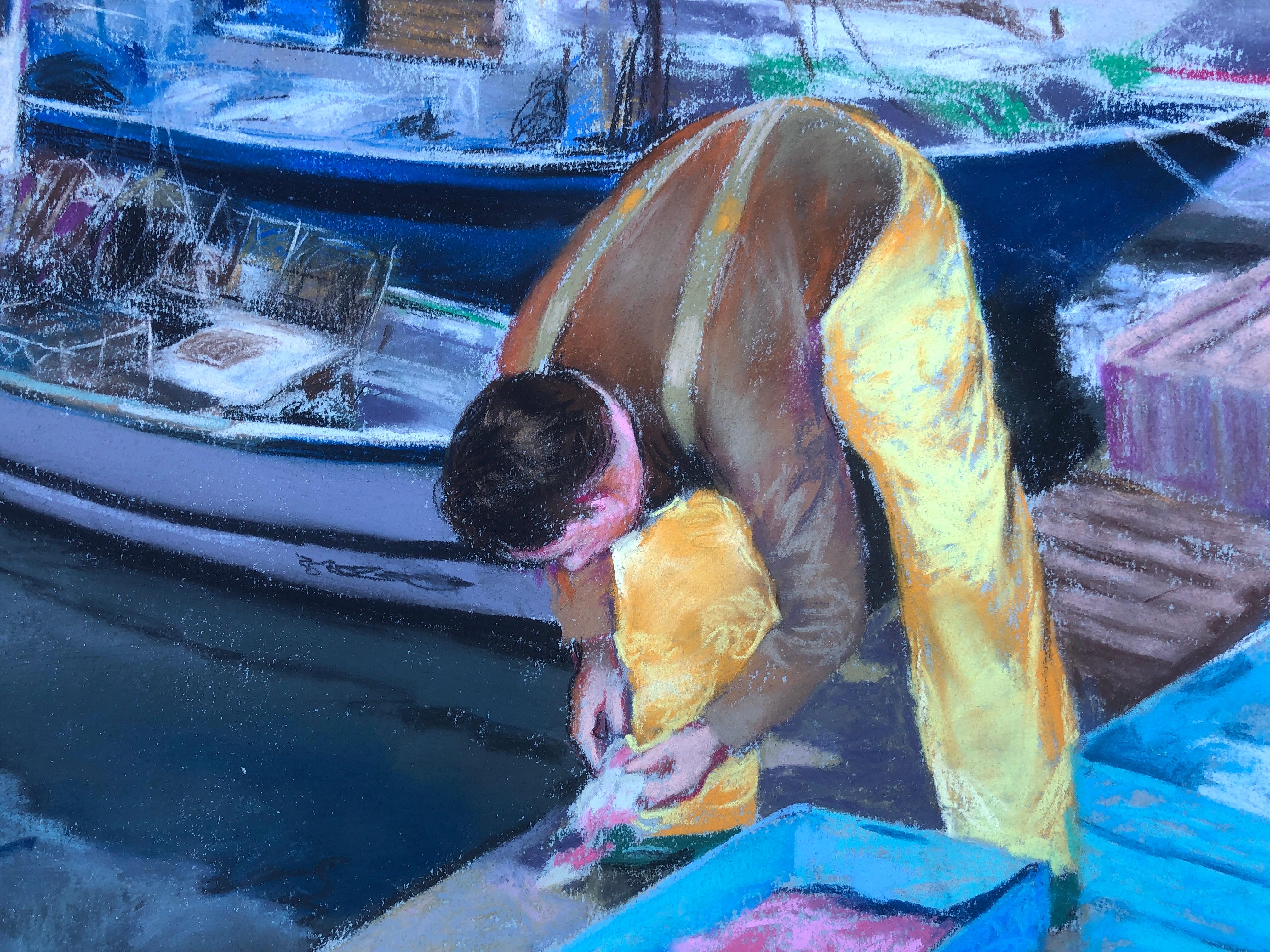 Marin pêcheur dans son bateau Espagne peinture pastel paysage marin - Réalisme Painting par Domingo Alvarez Gomez