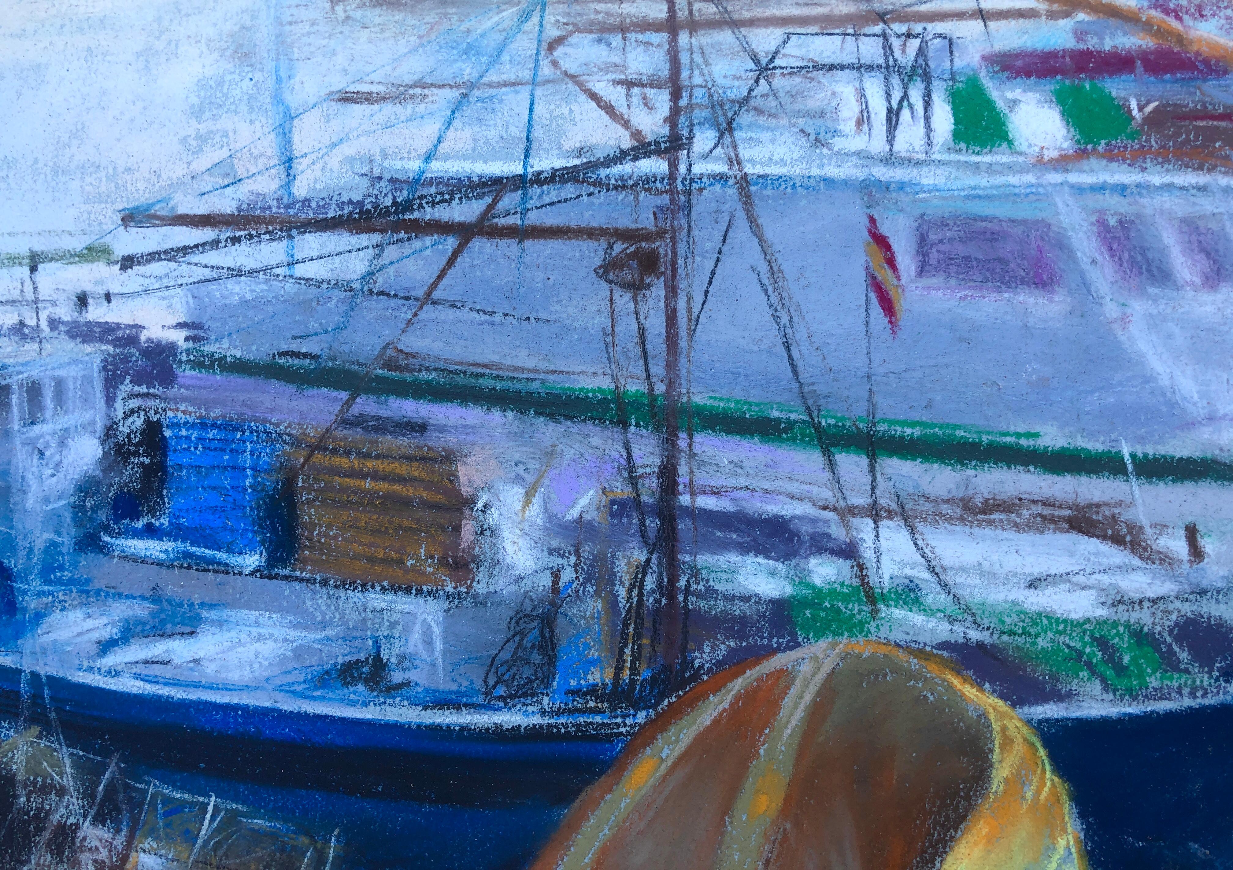 Sailor Fisherman in seinem Boot Spanien, Pastellmalerei Meereslandschaft im Angebot 1