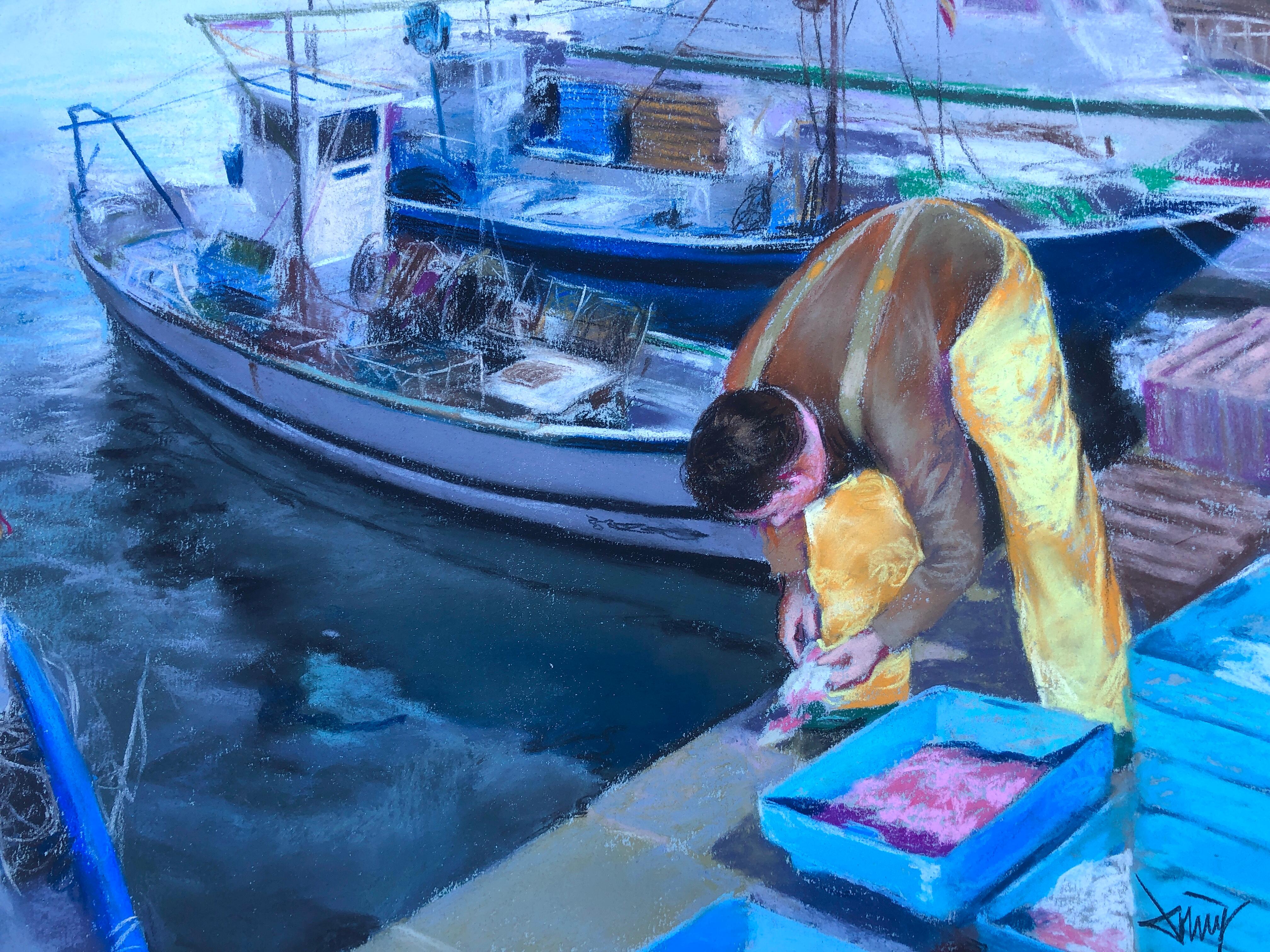 Sailor fisherman in his boat Spain pastel painting seascape For Sale 3