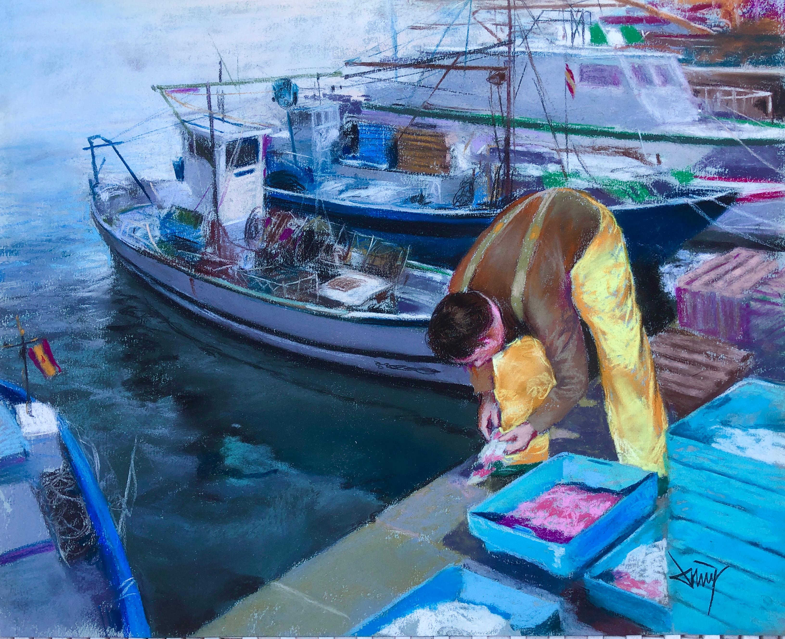 Figurative Painting Domingo Alvarez Gomez - Marin pêcheur dans son bateau Espagne peinture pastel paysage marin