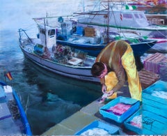 Marinaio pescatore nella sua barca Spagna pastello pittura paesaggio marino