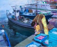 Marinero pescador en su barca España pintura al pastel paisaje marino