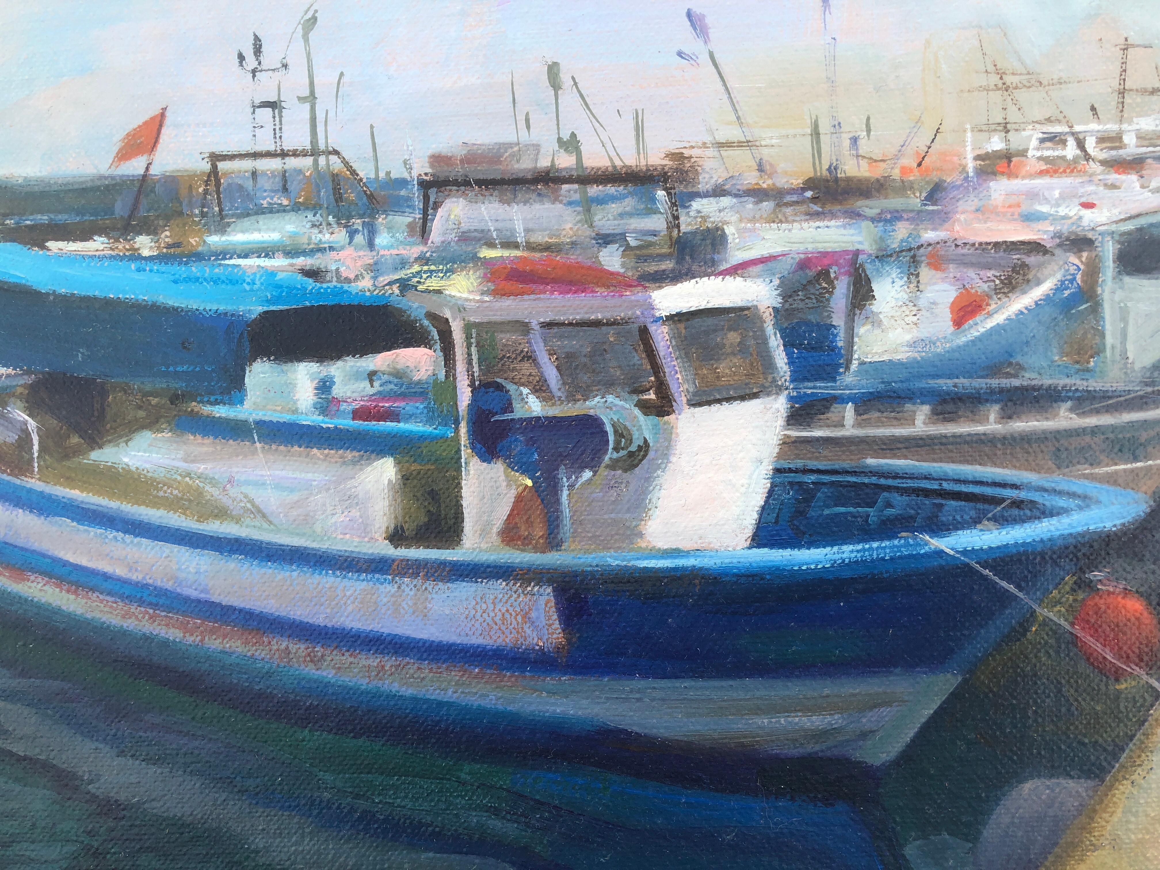 Paysage marin Espagne huile sur toile peinture bateaux bateaux - Impressionnisme Painting par Domingo Alvarez Gomez