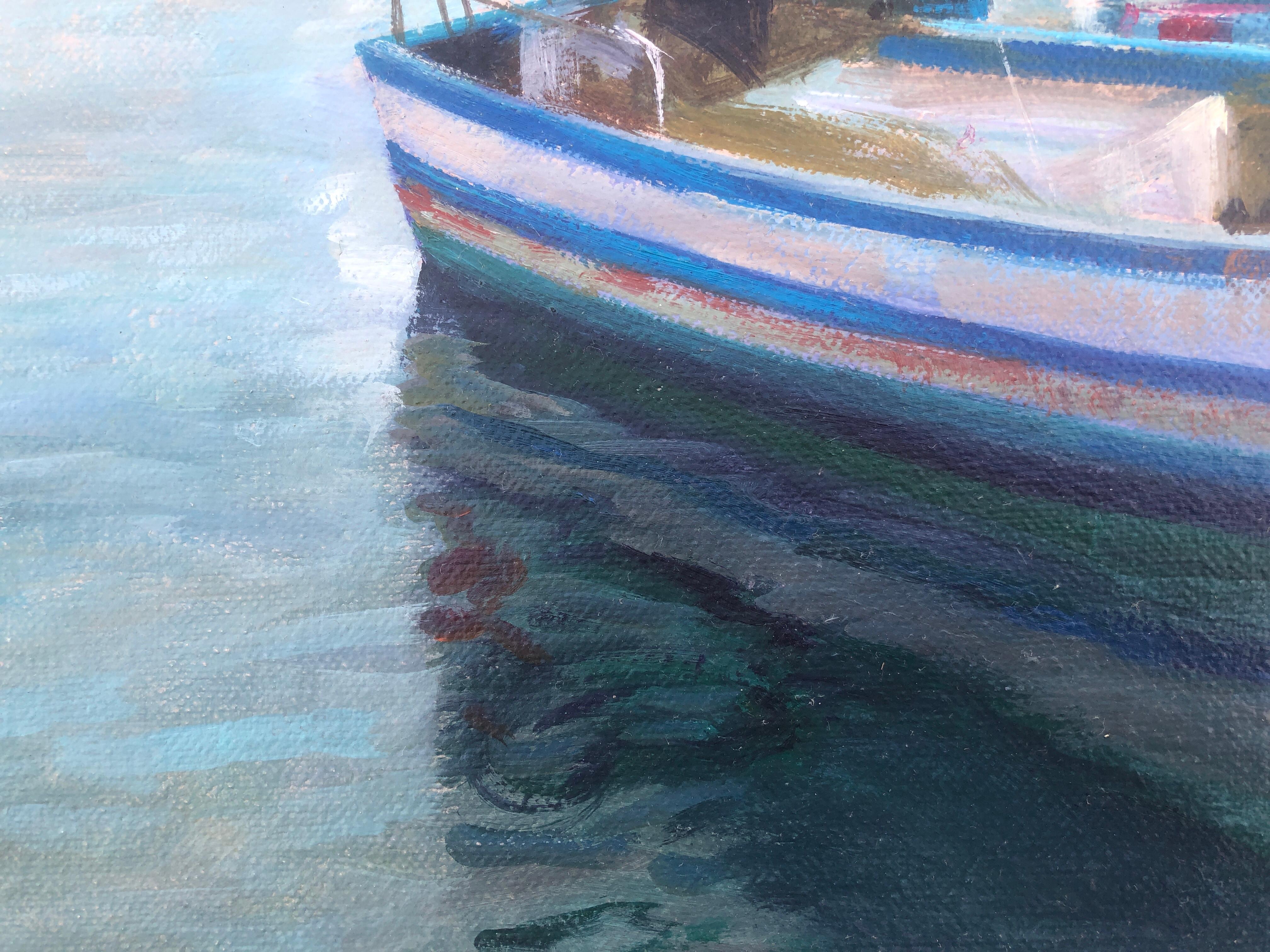 Paysage marin Espagne huile sur toile peinture bateaux bateaux en vente 1
