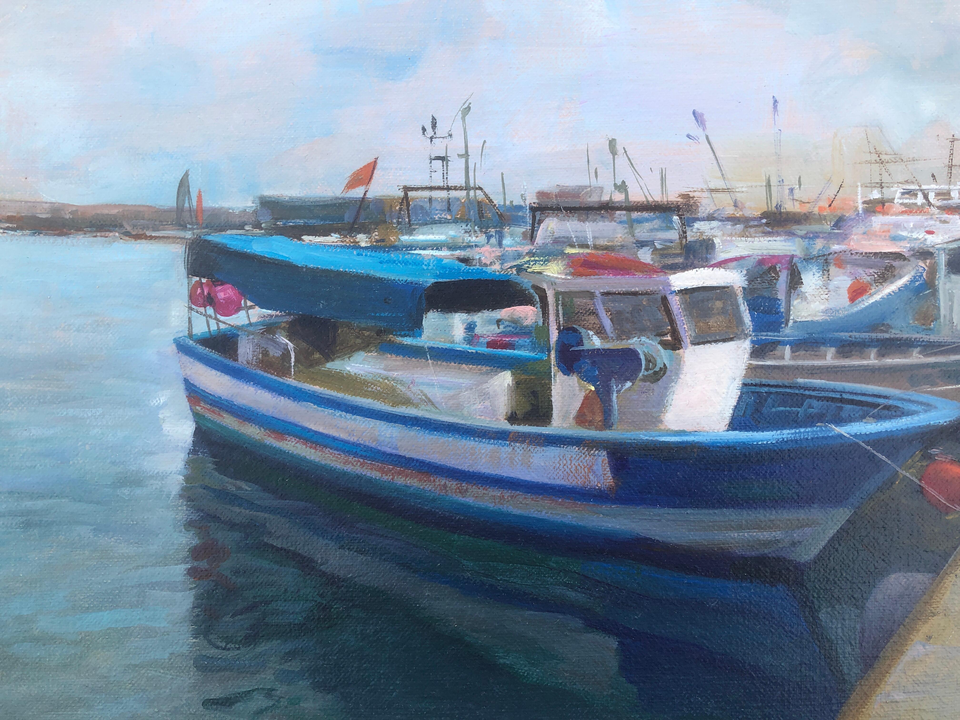 Paysage marin Espagne huile sur toile peinture bateaux bateaux en vente 3