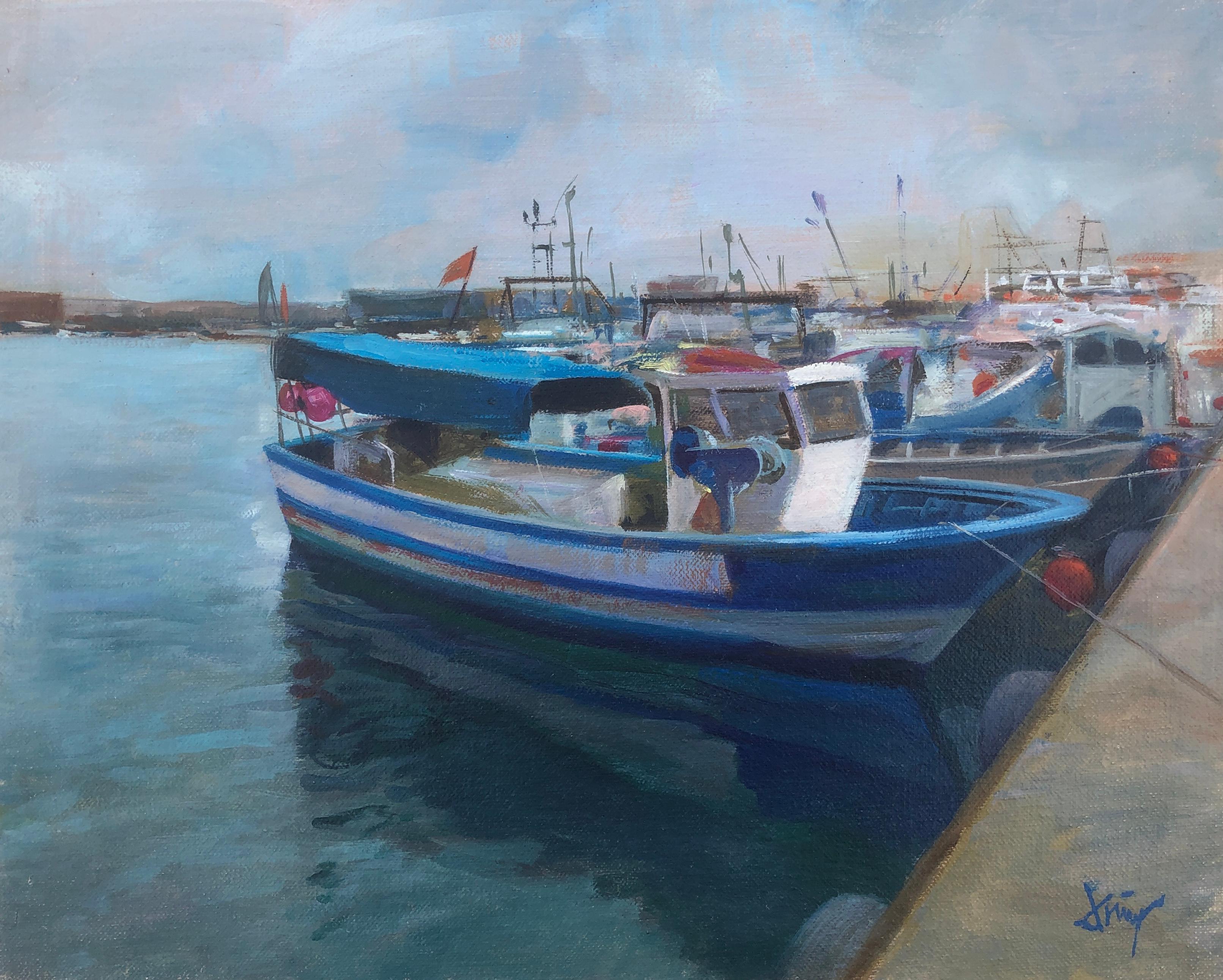 Domingo Alvarez Gomez Landscape Painting – Meereslandschaft Spanien Öl auf Leinwand Gemälde Schiffe Boote