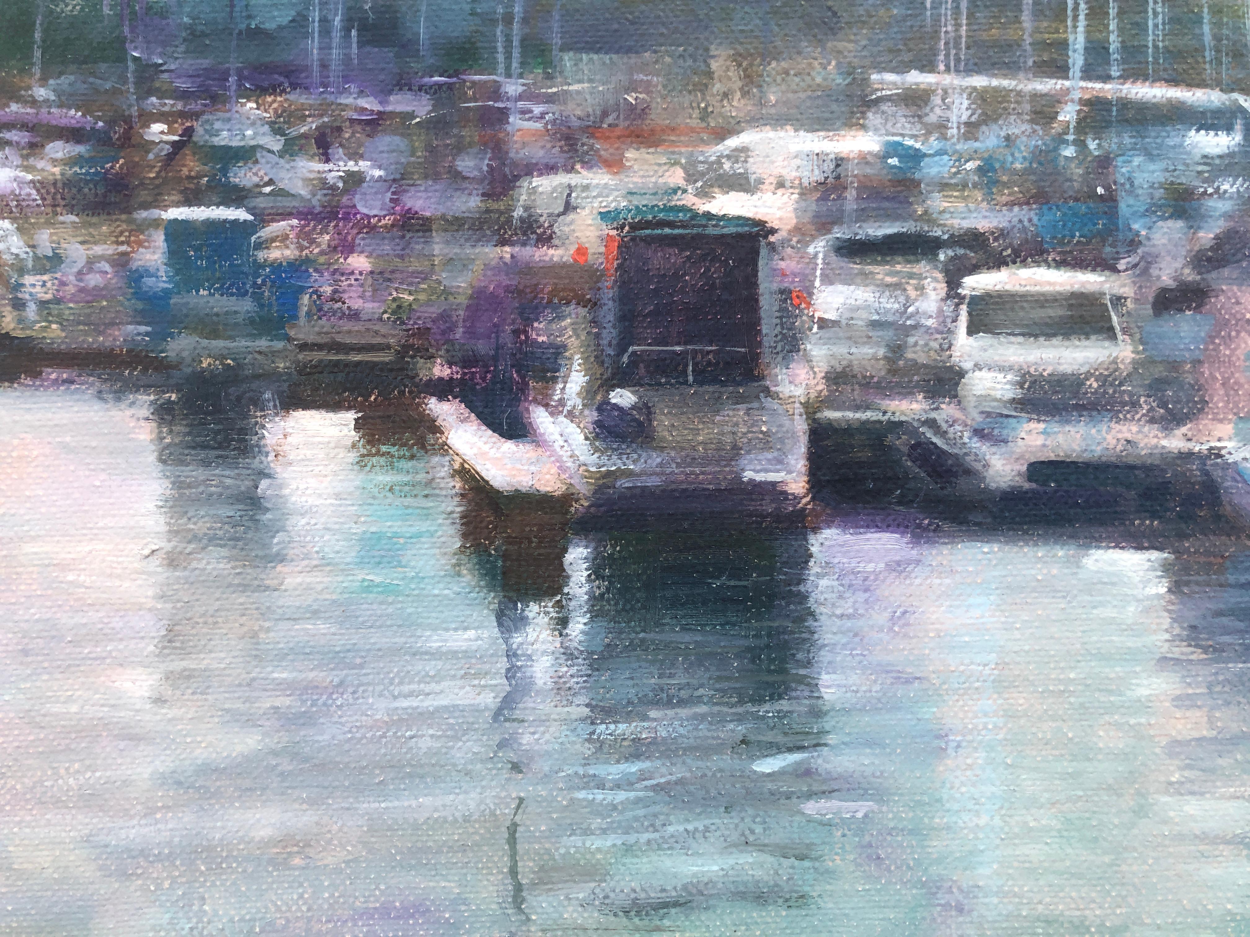 Paysage marin Espagne huile sur toile peinture bateaux - Impressionnisme Painting par Domingo Alvarez Gomez