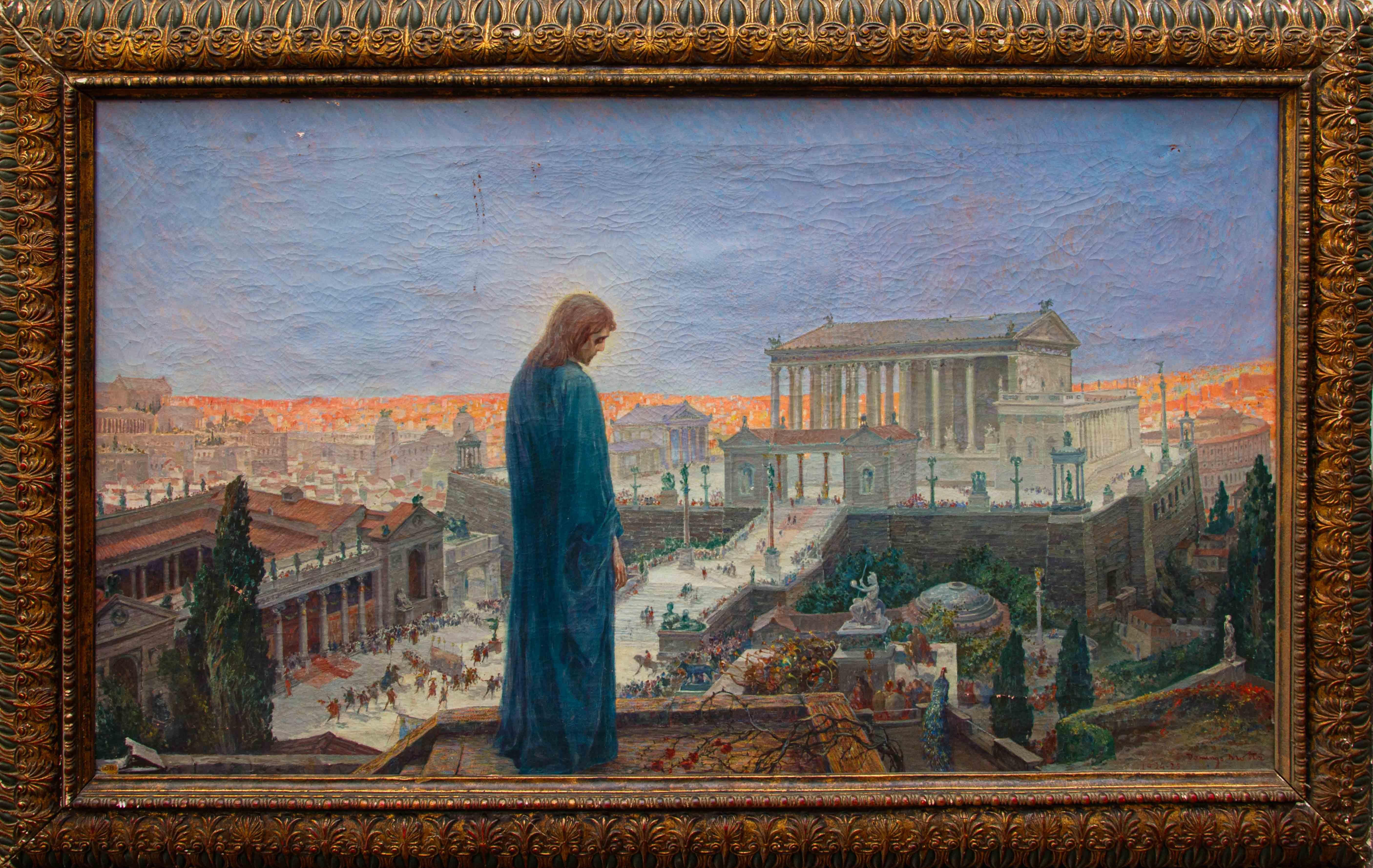 Domingo Motta (1872 - 1962)

View of ancient Rome - Jesus witnesses the triumph of Constantine

Oil on canvas, 88 x 148 cm

Framed, 114 x 180 cm

Signed lower right

Ligurian painter Domingo Motta restores in this painting a profound reflection on