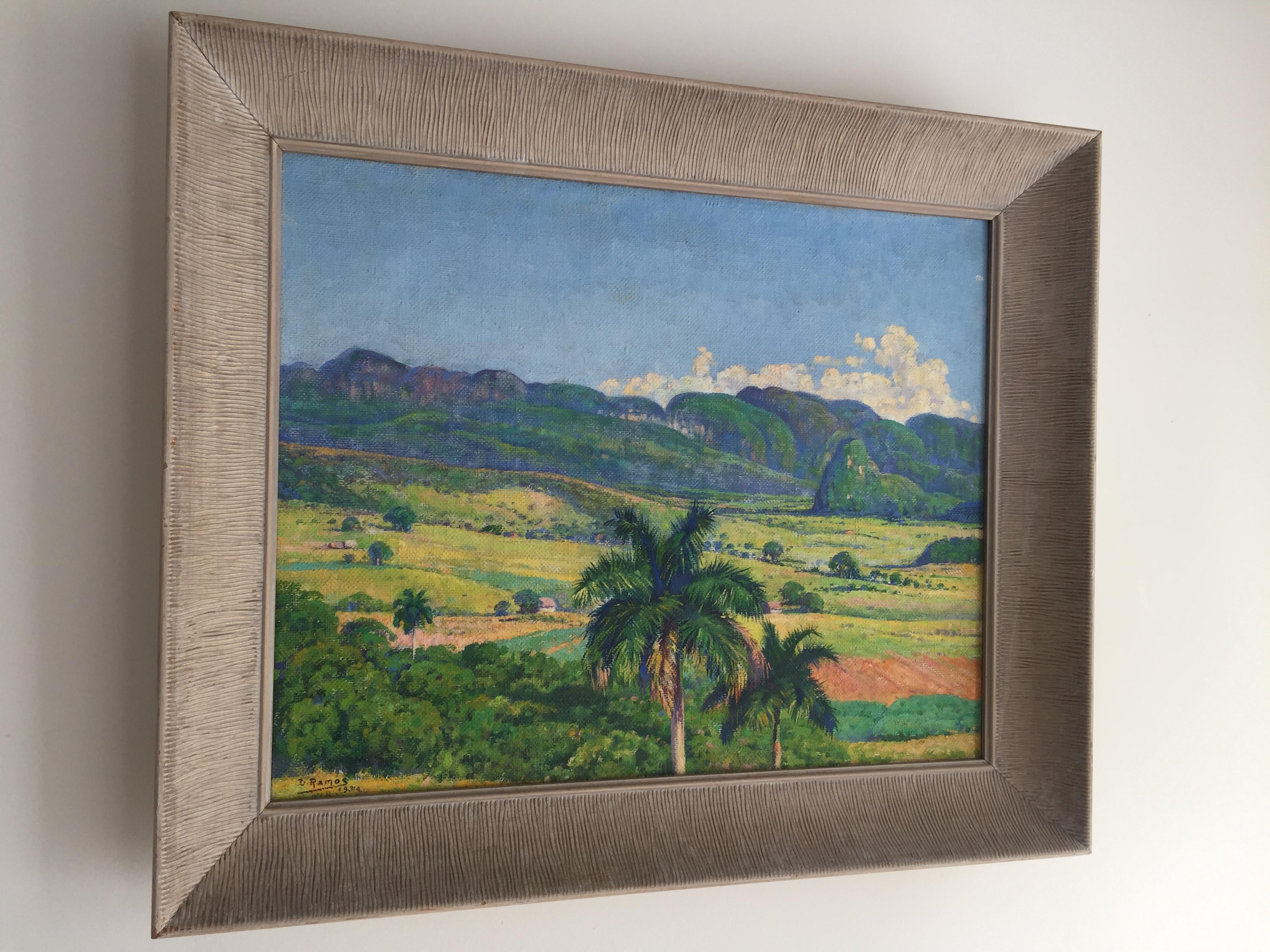 Domingo Ramos (1897-1967) paisaje Cubano oil on jute canvas painting.
Framed in the original Art Deco wood frame.. 
Signed by the artist, D. Ramos 1934 on front lower left. 
Painting measures 20