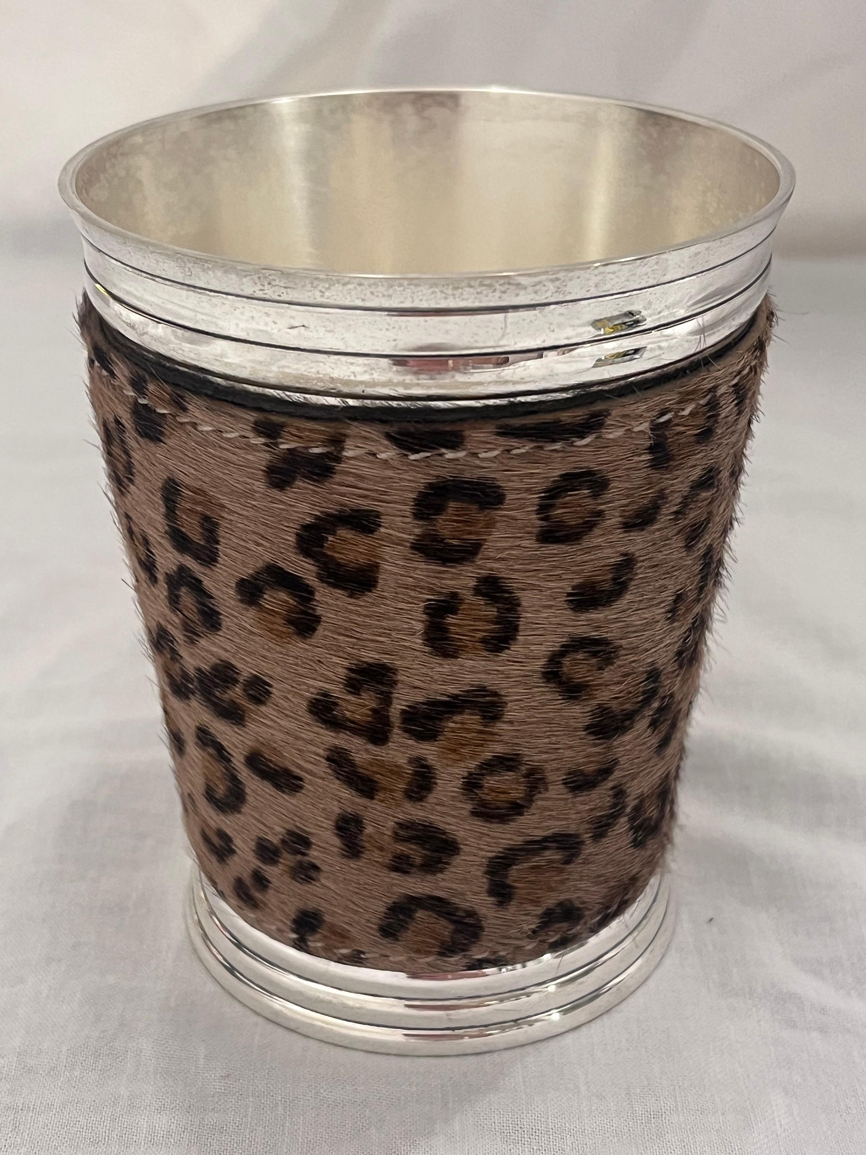 Mid-Century Modern Dominic Chambon Paris Silvered Metal and Faux Fur Leather Covered Beaker or Cup For Sale