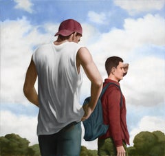 "On Foot, By Land", peinture à l'huile figurative sur toile, narrative, nuages