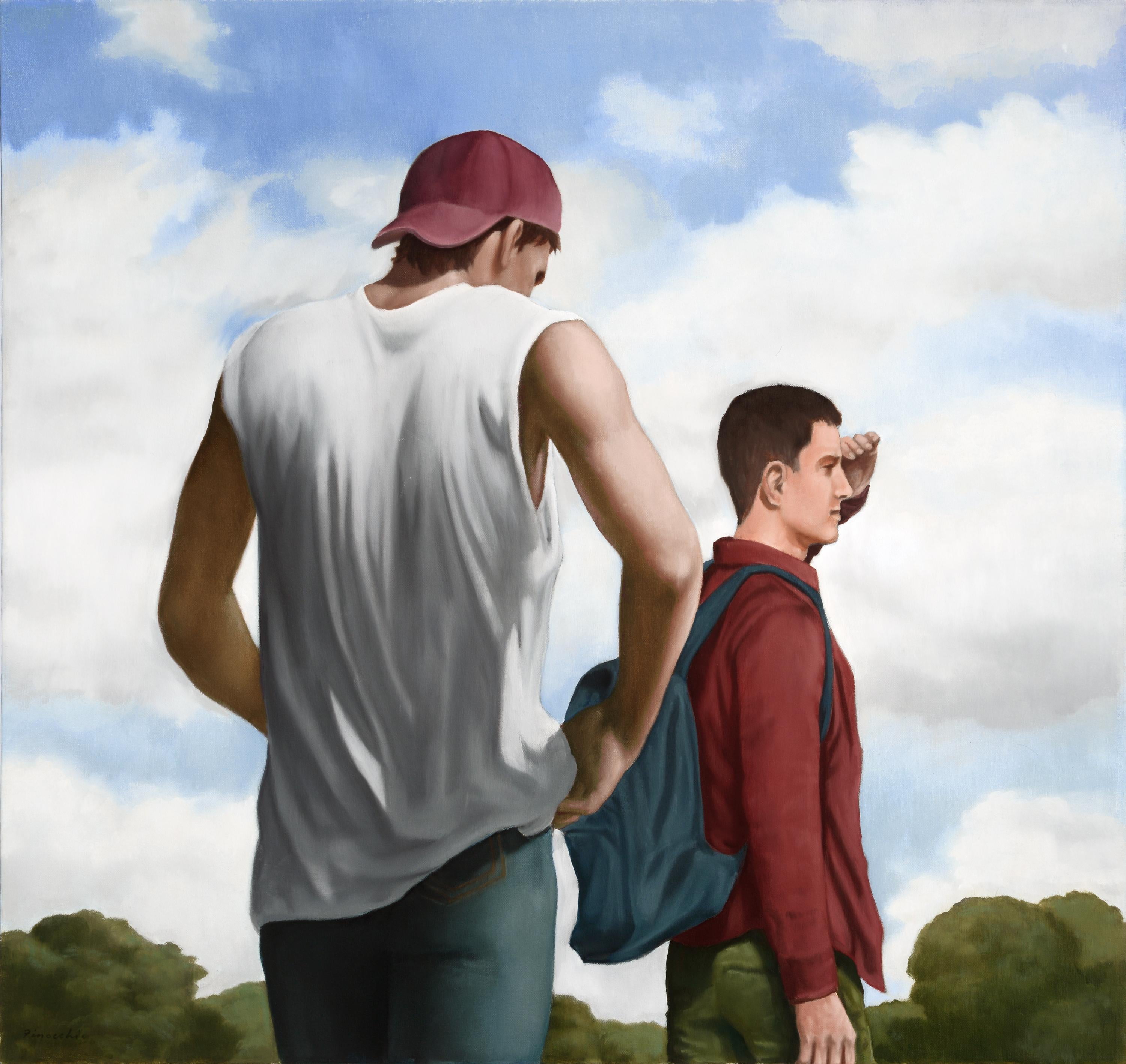 "Zu Fuß, zu Lande", Figuratives Ölgemälde auf Leinwand, Erzählung, Wolken – Painting von Dominic Finocchio