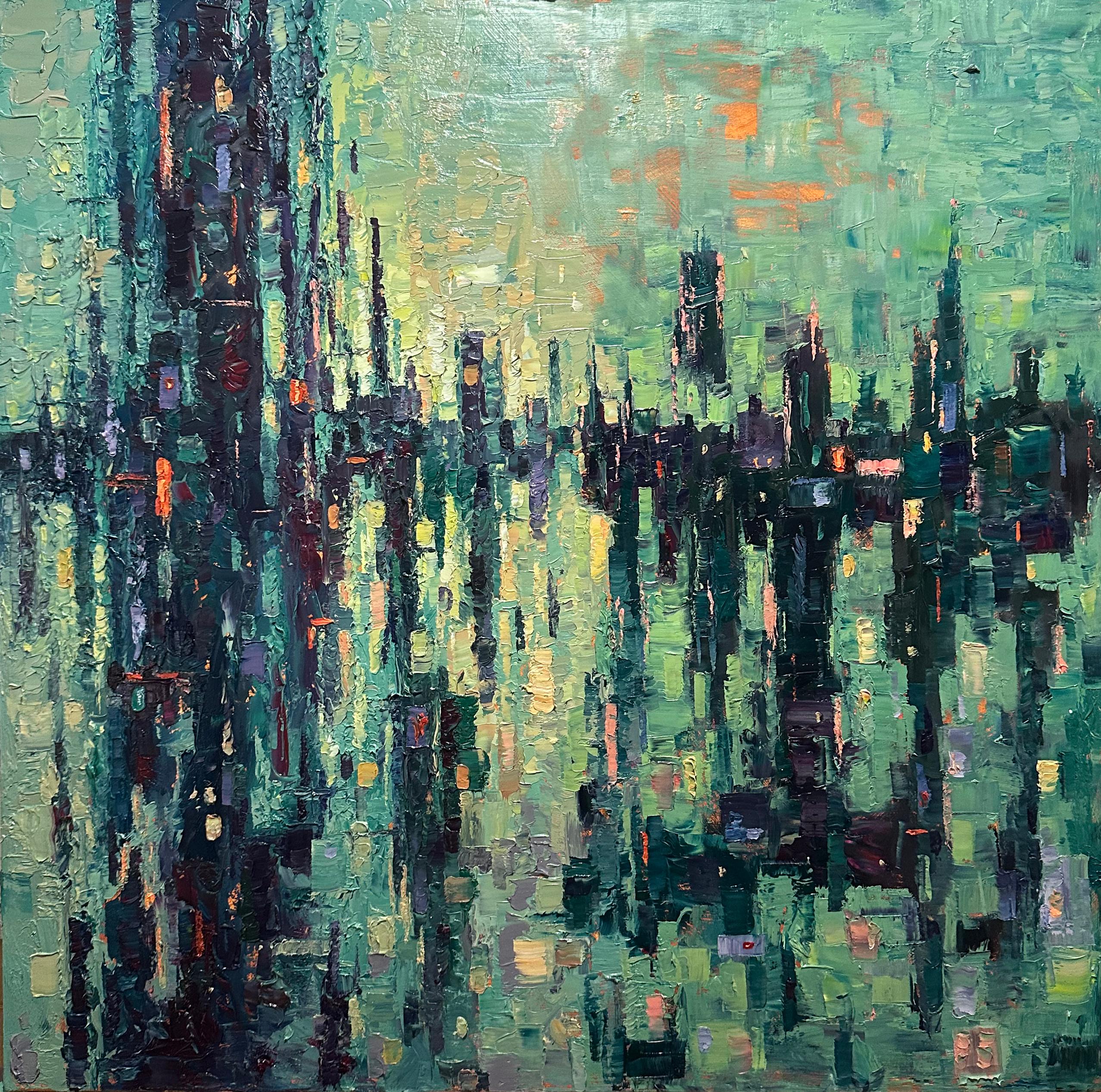 "City Lights [London, Victoria]" - Abstrahiertes Stadtbild, Ölgemälde auf Gesso