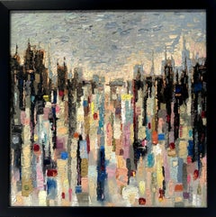 "Patchwork City [Pale]" - Abstracted Impressionist Cityscape, Oil Painting