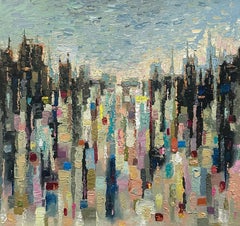 "Patchwork City [Pale]" - Abstracted Impressionist Cityscape, Oil Painting