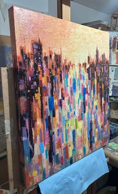 "Patchwork Cityscape" - Abstract Expressionist City, Oil Painting on Canvas