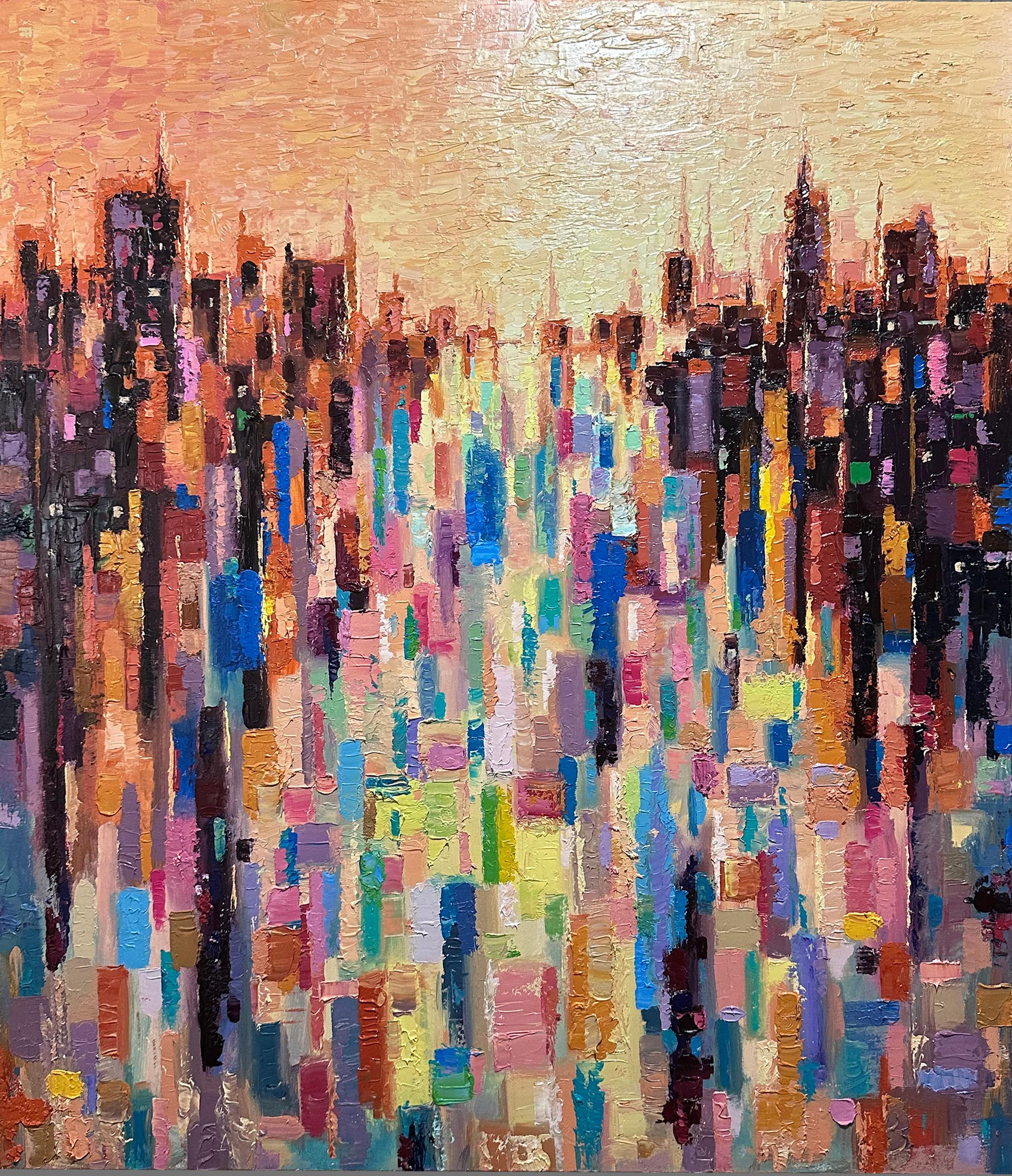 "Patchwork Cityscape" - Abstract Expressionist City, Oil Painting on Canvas