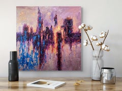 "Sunset City" - Abstracted Impressionist Cityscape, Oil Painting on Gesso Board