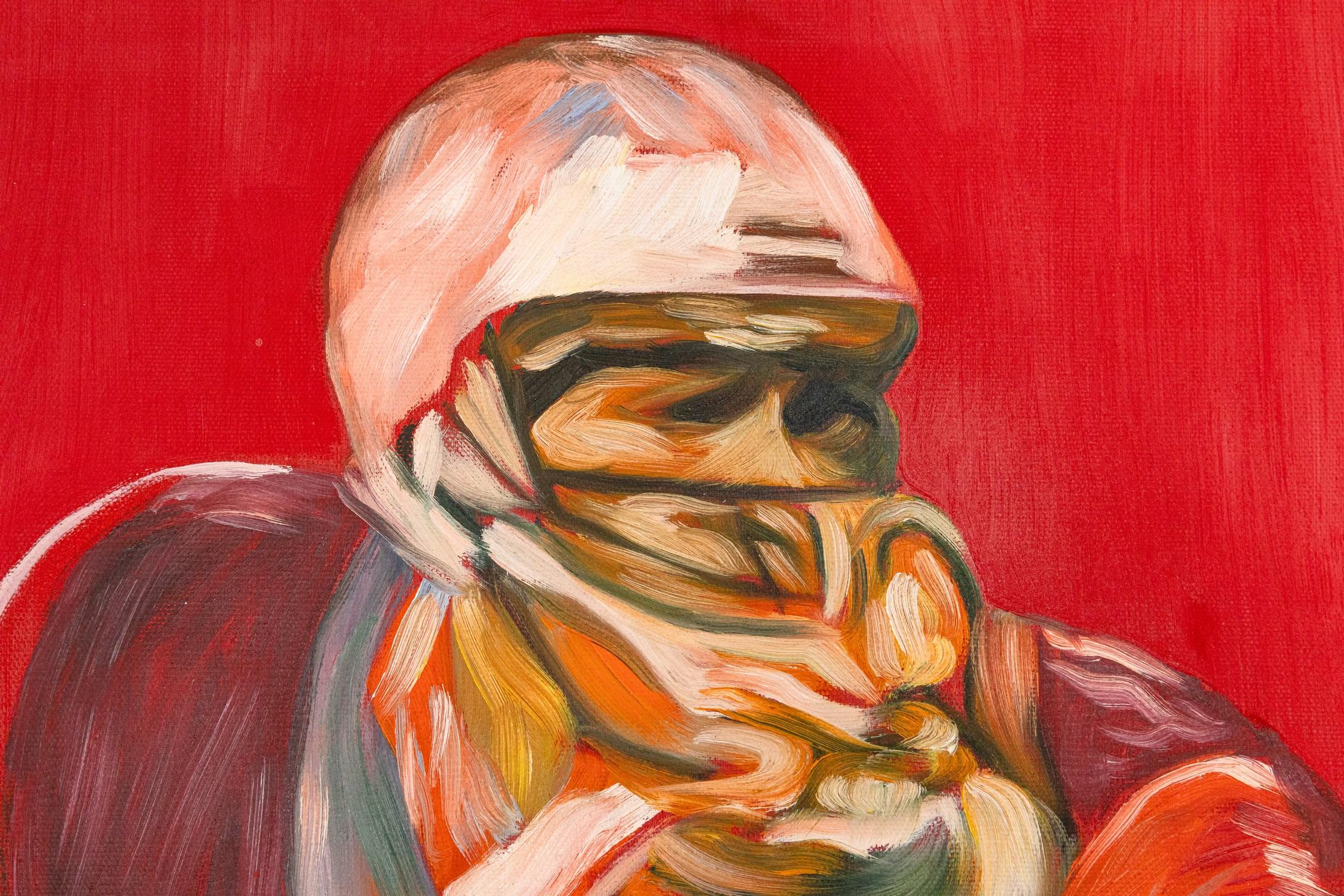 A vividly executed mixed-media acrylic painting on canvas portrays the intensity of an American football player in the midst of the game's pivotal moment is “1st Down” by Dominic Pangborn. The athlete's form, abstracted and charged with movement,
