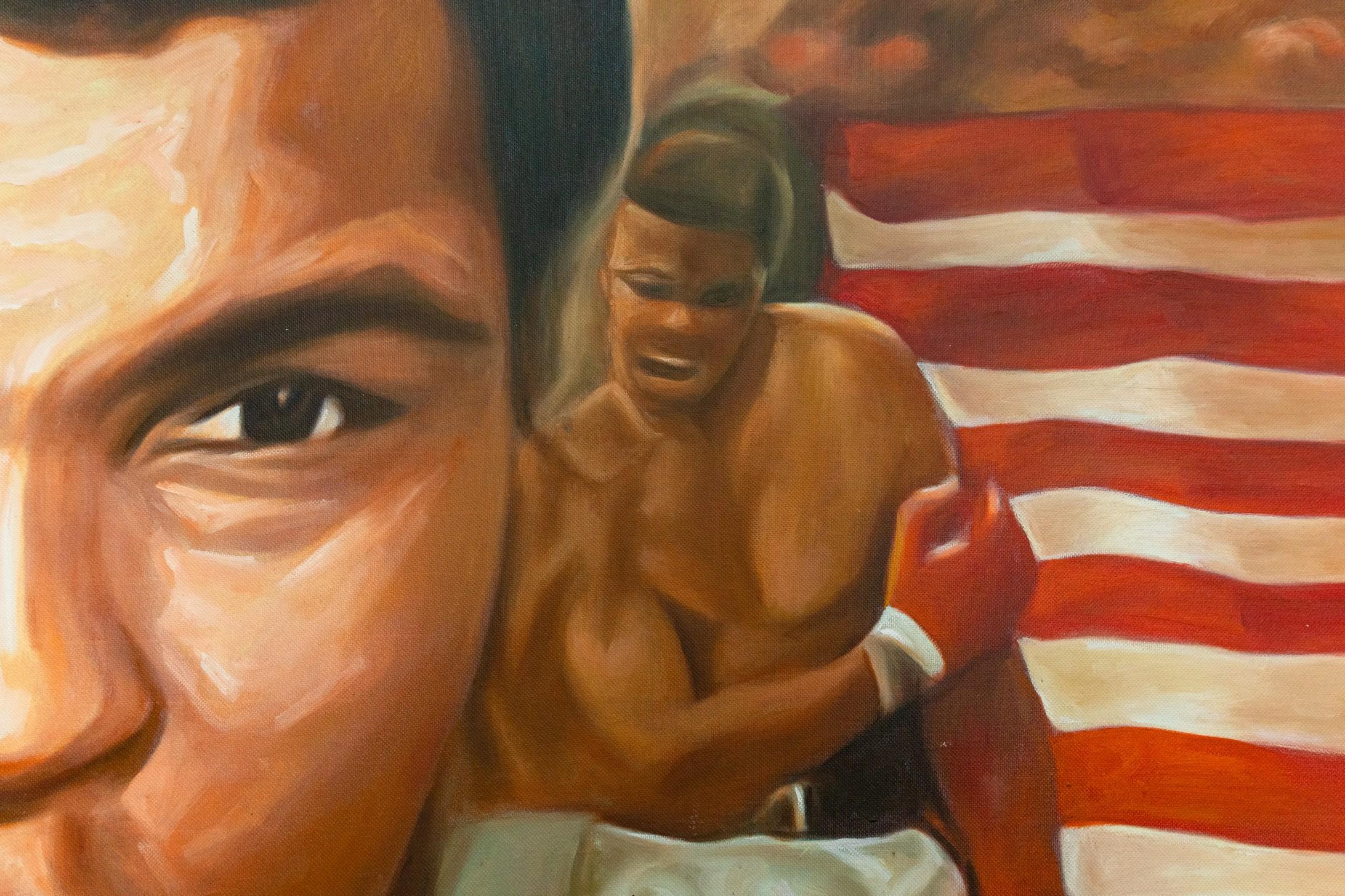 This powerful piece captures the iconic vigor and spirit of a legendary boxer Muhammed Ali, famously known for his quick footwork and sharp jabs, epitomized by the phrase 